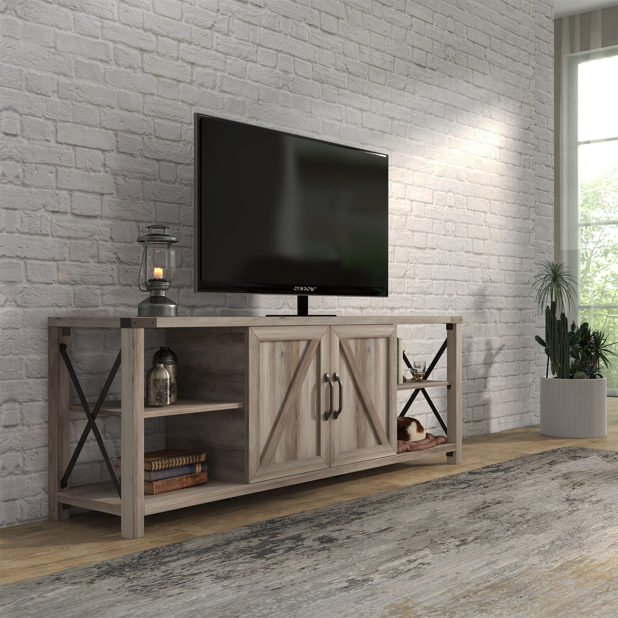 Kadyn Modern TV stand with LED Lights and Storage, TV Console for Up to 80 inch, Entertainment Center, Natural Wood Wash