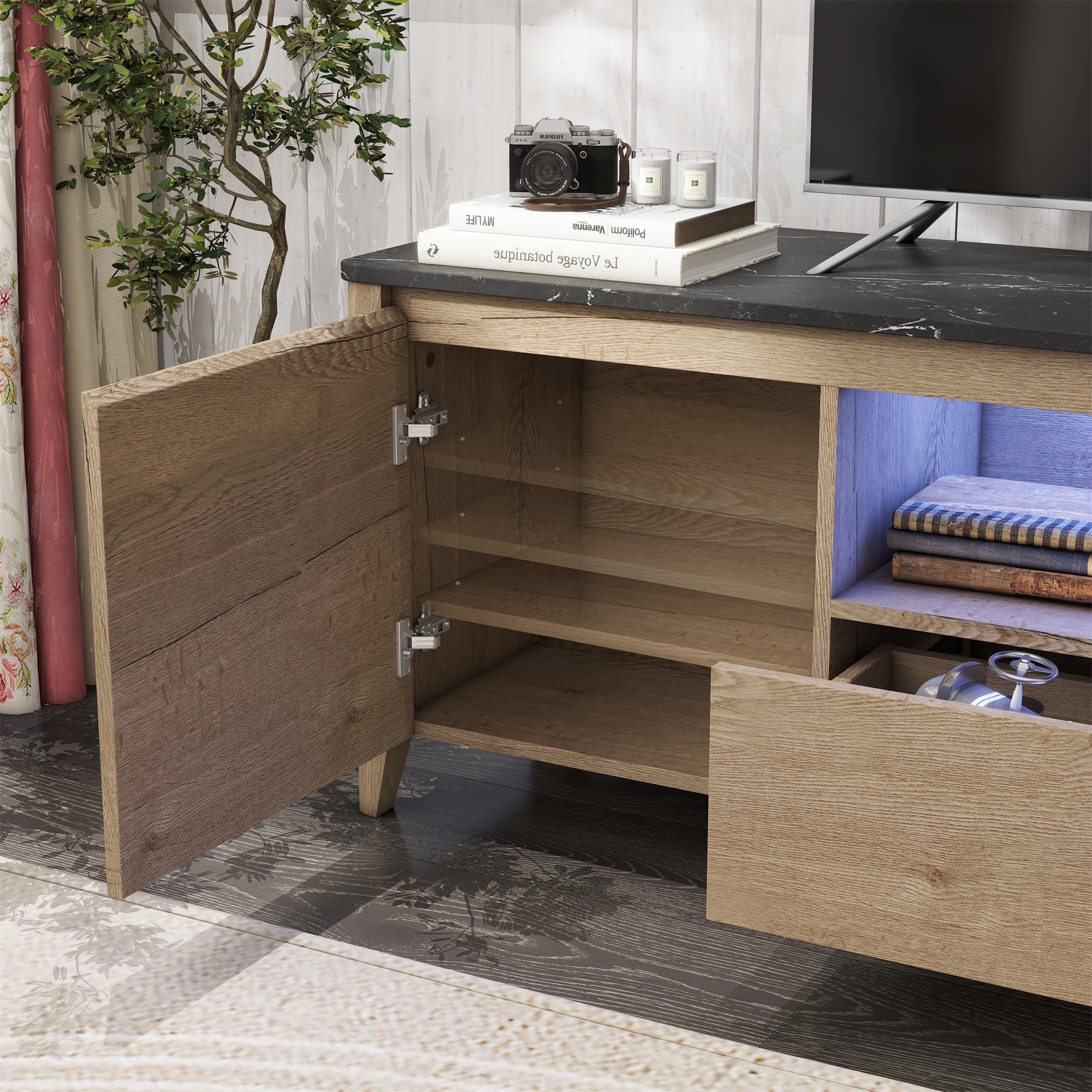 Kepooman TV Stand Console, TV Cabinet with LED Lights and Storage for Up to 80 inch, Entertainment Center, Natural and White Kepooman TV Stand Console, TV Cabinet with LED Lights and Storage for Up to 80 inch, Entertainment Center, Natural and White