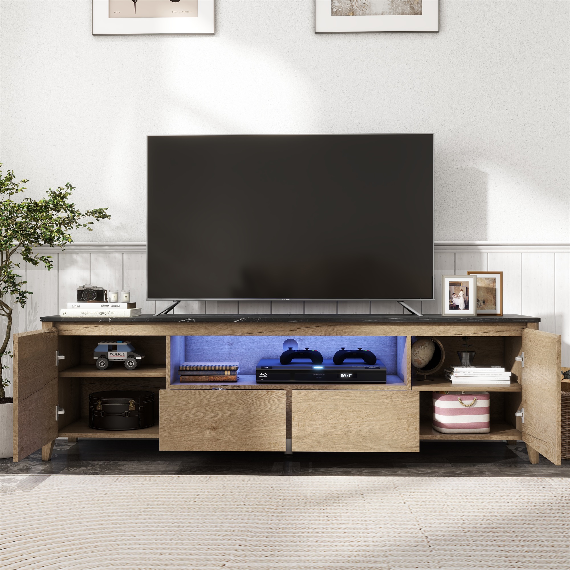 Kepooman TV Stand Console, TV Cabinet with LED Lights and Storage for Up to 80 inch, Entertainment Center, Natural and White Kepooman TV Stand Console, TV Cabinet with LED Lights and Storage for Up to 80 inch, Entertainment Center, Natural and White
