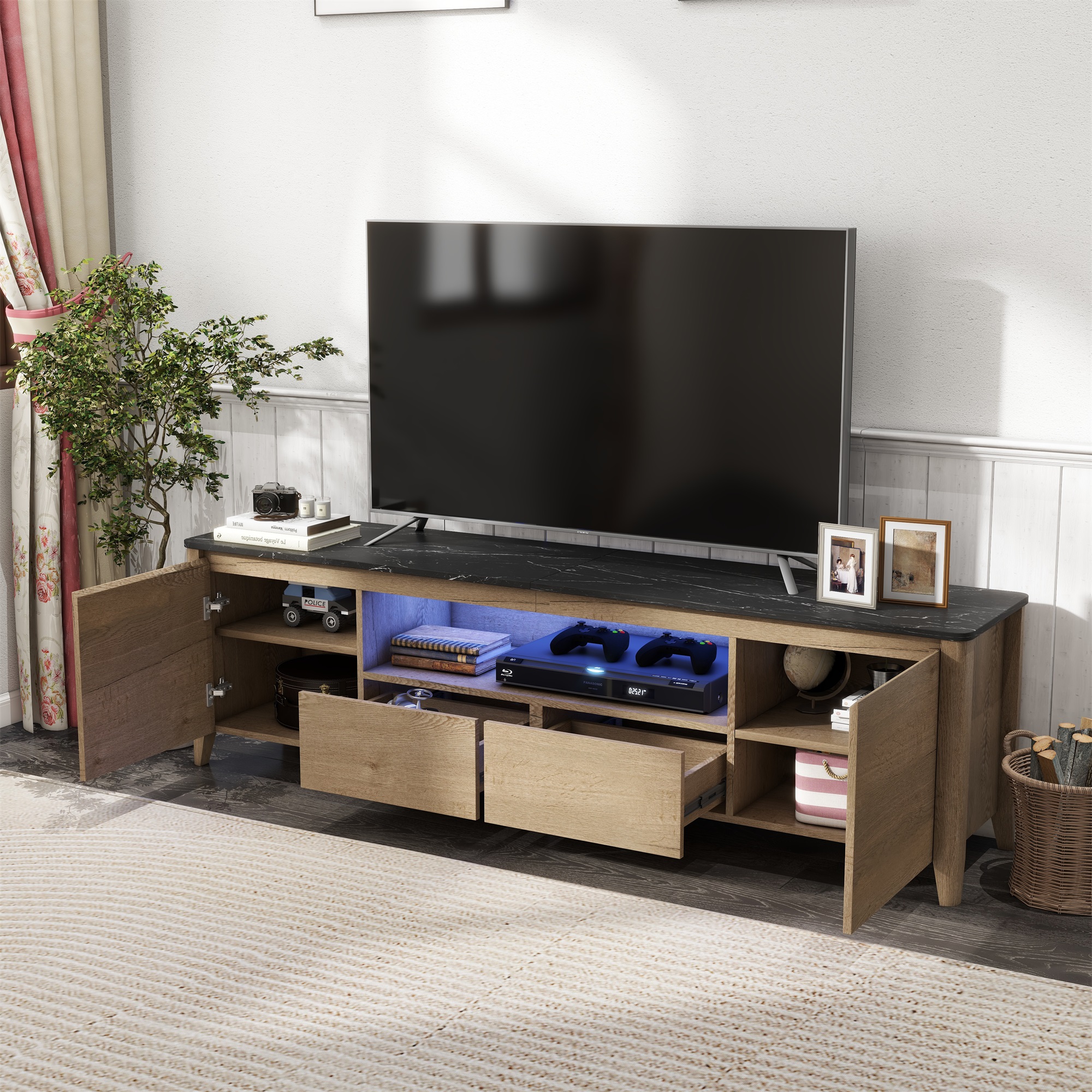 Kepooman TV Stand Console, TV Cabinet with LED Lights and Storage for Up to 80 inch, Entertainment Center, Natural and White Kepooman TV Stand Console, TV Cabinet with LED Lights and Storage for Up to 80 inch, Entertainment Center, Natural and White