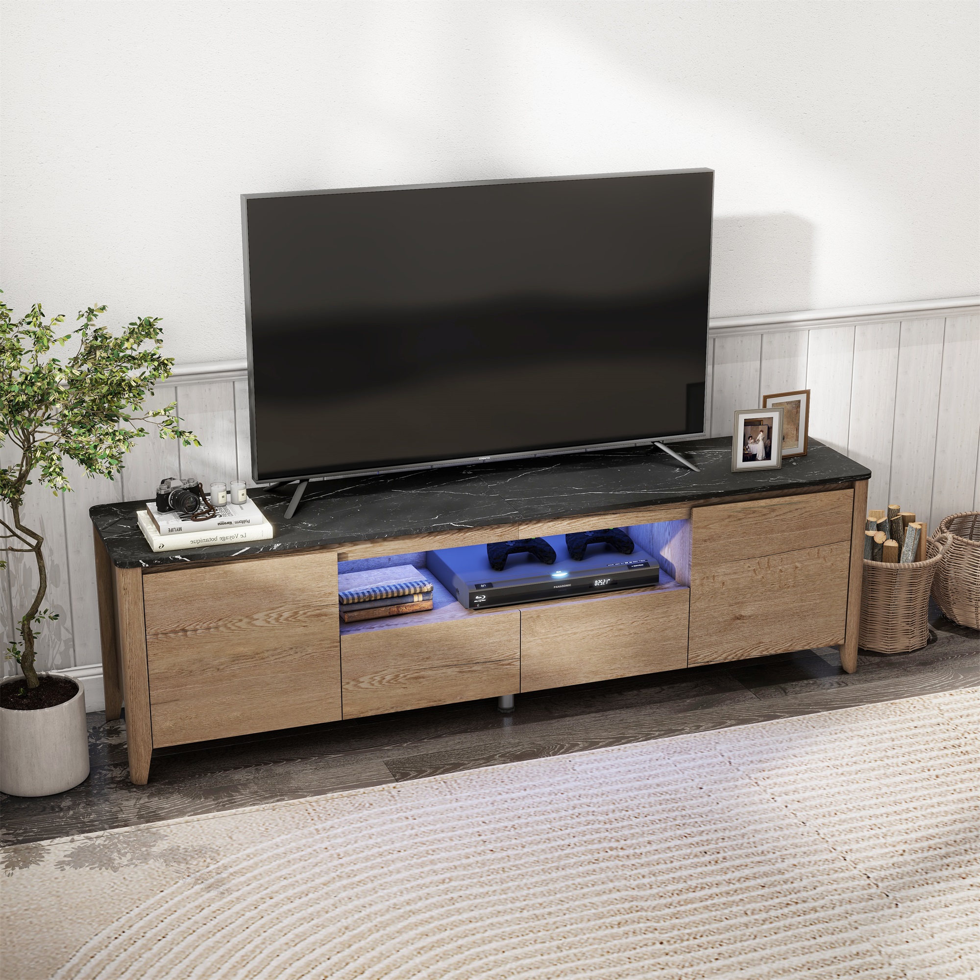 Kadyn Modern TV stand with LED Lights and Storage, TV Console for Up to 80 inch, Entertainment Center, Natural and White