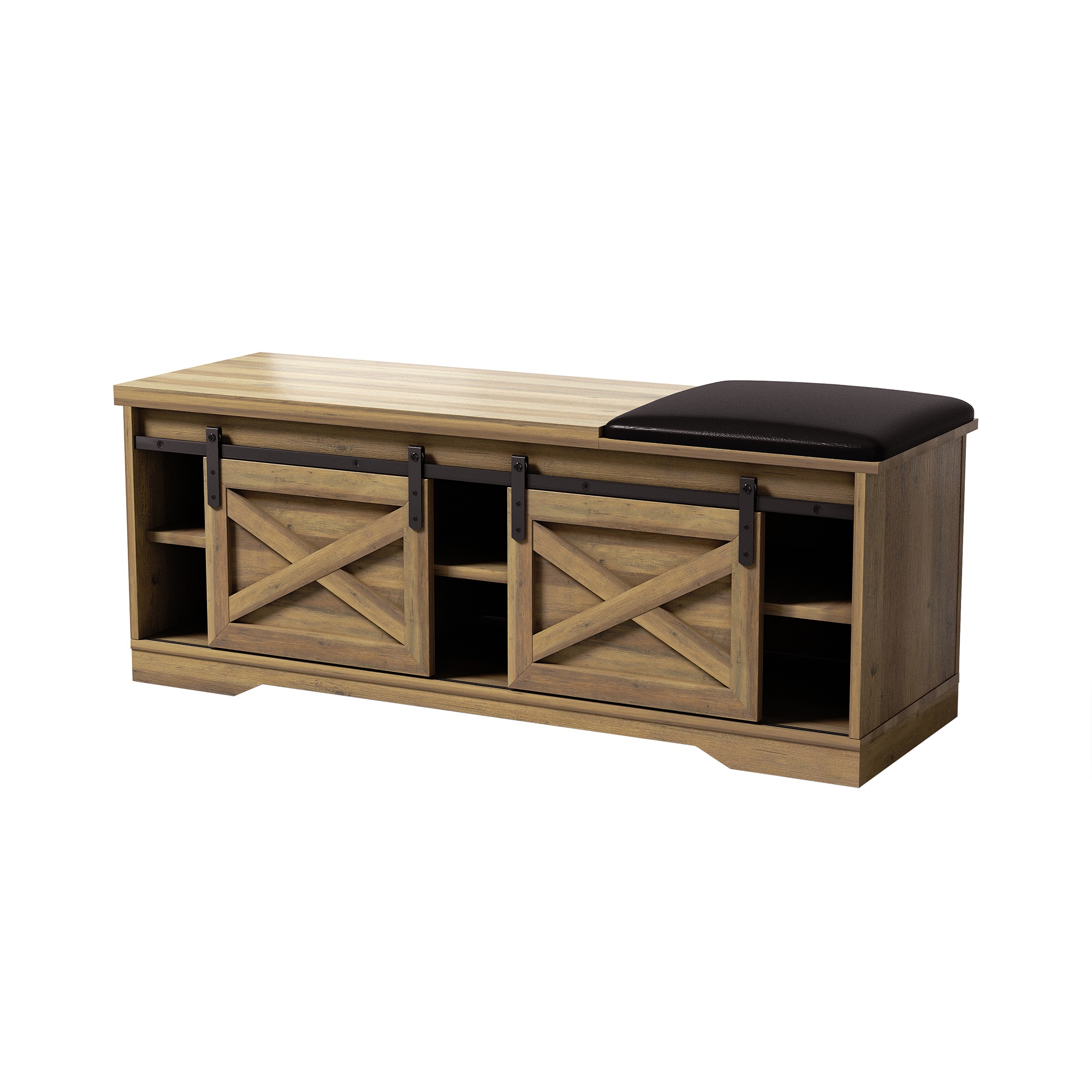 Kepooman Modern Farmhouse Sliding X Barn Door Litterbox Bench with Entry Cutout for Living Room, Light Brown Shoe Bench Kepooman Modern Farmhouse Sliding X Barn Door Litterbox Bench with Entry Cutout for Living Room, Light Brown Shoe Bench