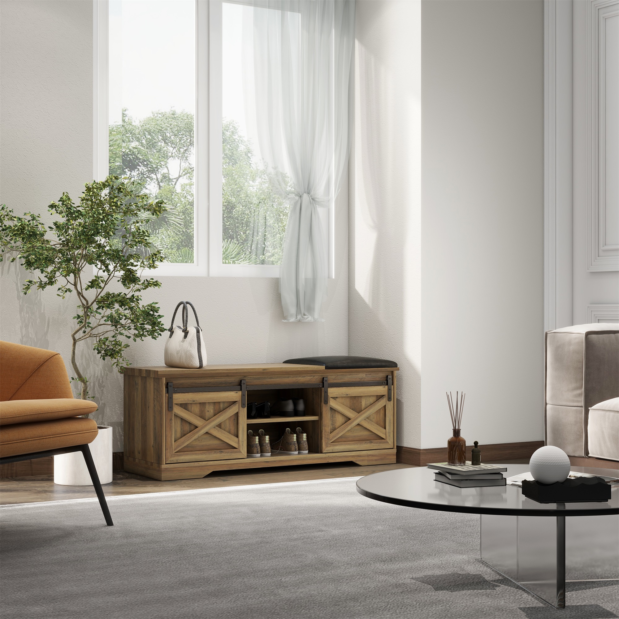 Kepooman Modern Farmhouse Sliding X Barn Door Litterbox Bench with Entry Cutout for Living Room, Light Brown Shoe Bench Kepooman Modern Farmhouse Sliding X Barn Door Litterbox Bench with Entry Cutout for Living Room, Light Brown Shoe Bench