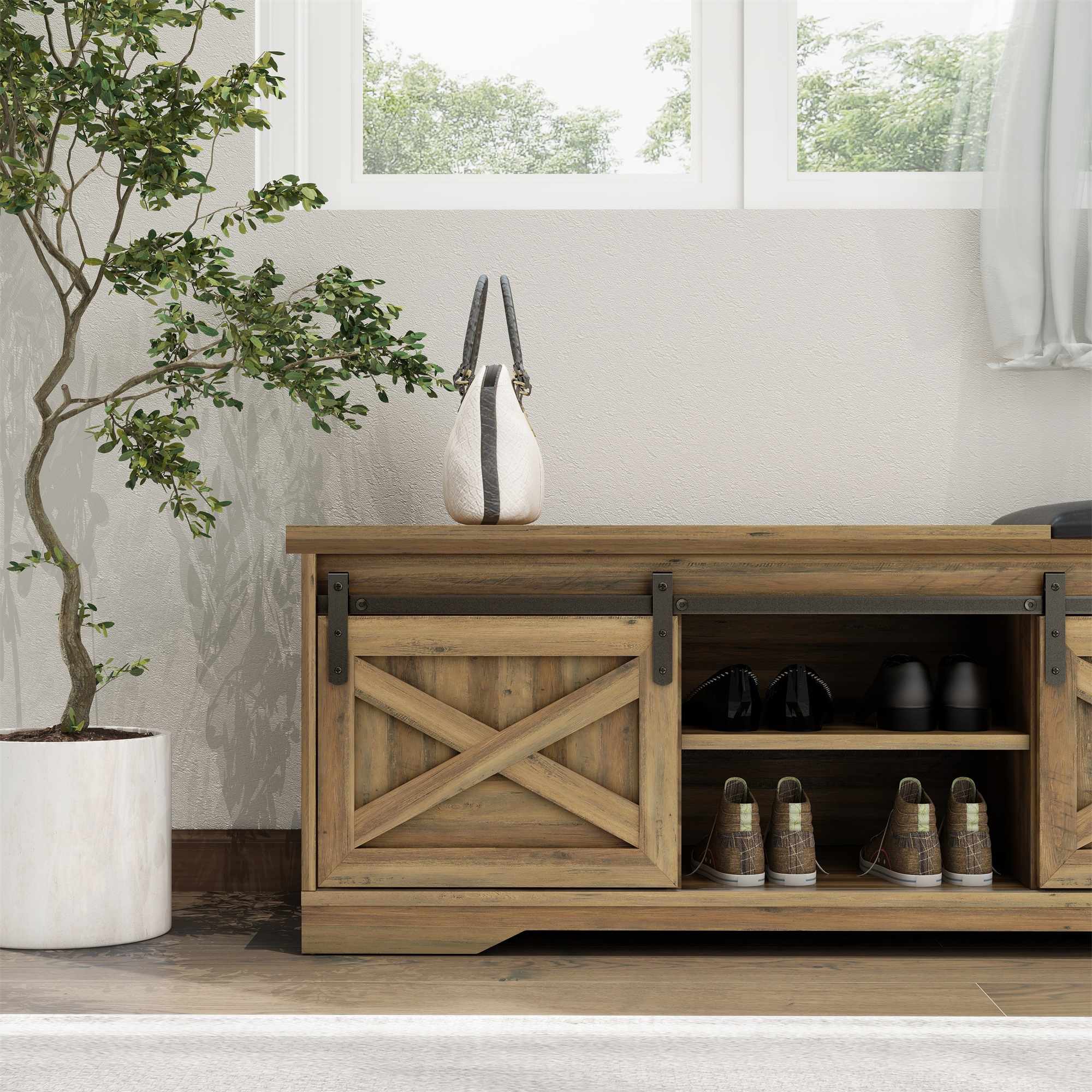 Kepooman Modern Farmhouse Sliding X Barn Door Litterbox Bench with Entry Cutout for Living Room, Light Brown Shoe Bench Kepooman Modern Farmhouse Sliding X Barn Door Litterbox Bench with Entry Cutout for Living Room, Light Brown Shoe Bench