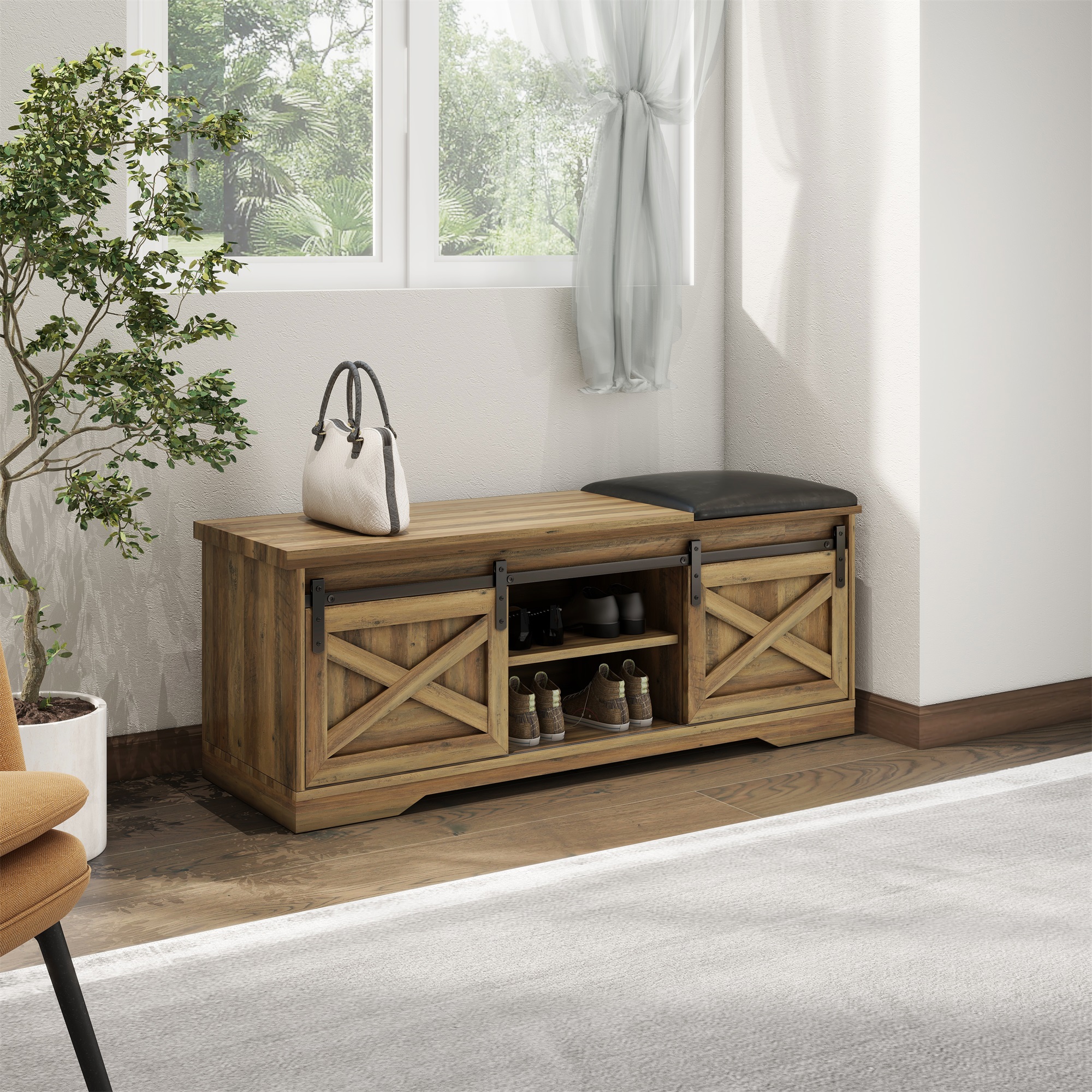 Kepooman Modern Farmhouse Sliding X Barn Door Litterbox Bench with Entry Cutout for Living Room, Light Brown Shoe Bench Kepooman Modern Farmhouse Sliding X Barn Door Litterbox Bench with Entry Cutout for Living Room, Light Brown Shoe Bench