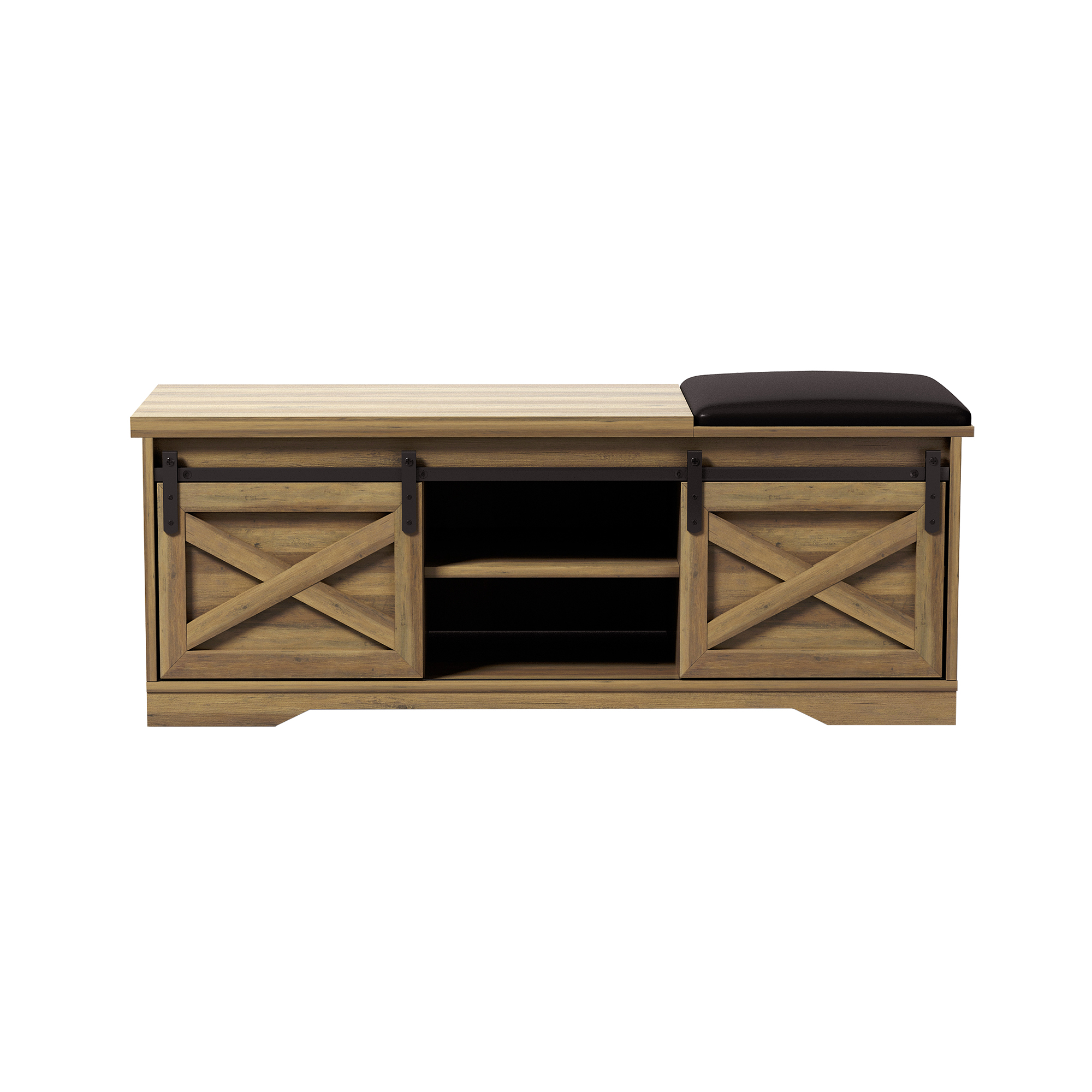 Kepooman Modern Farmhouse Sliding X Barn Door Litterbox Bench with Entry Cutout for Living Room, Light Brown Shoe Bench Kepooman Modern Farmhouse Sliding X Barn Door Litterbox Bench with Entry Cutout for Living Room, Light Brown Shoe Bench