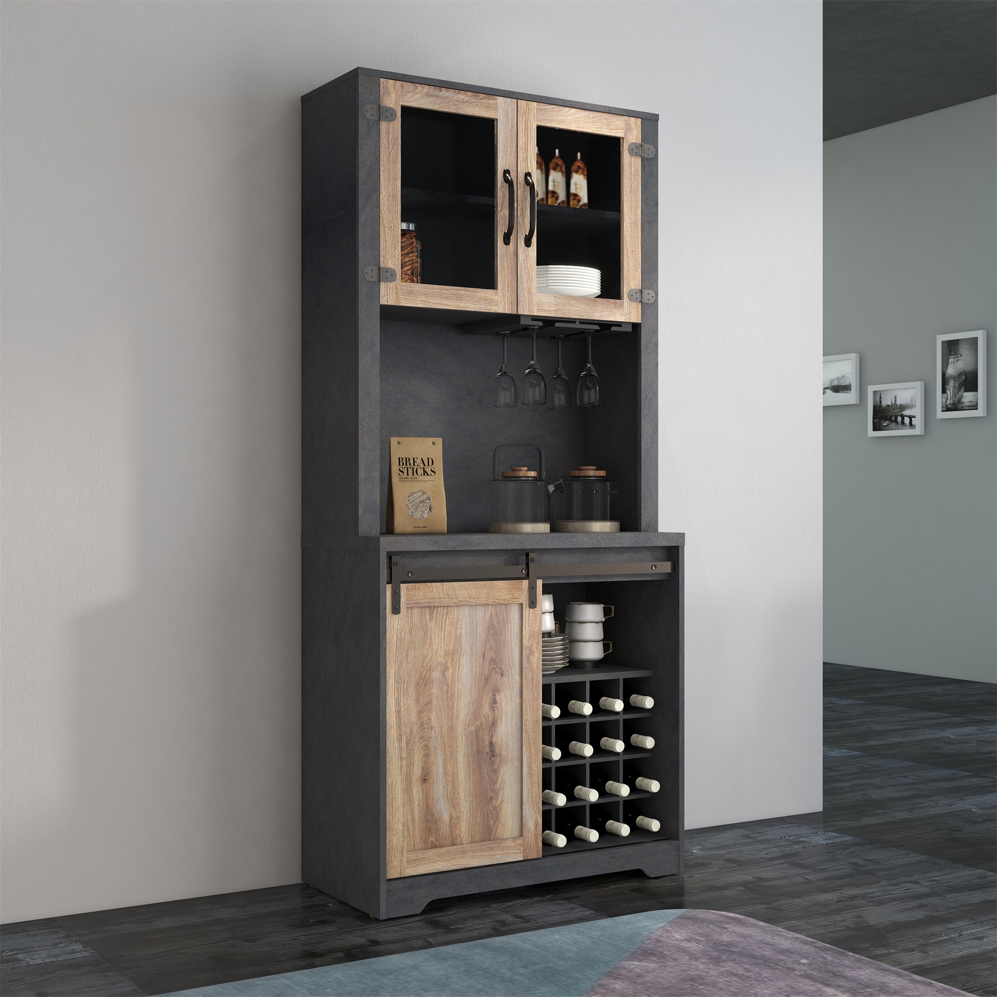 Spaco Accent Dresser Storage Bar Cabinet Buffet Cabinet with Doors Storage for Living Room, Brown+Light Gray