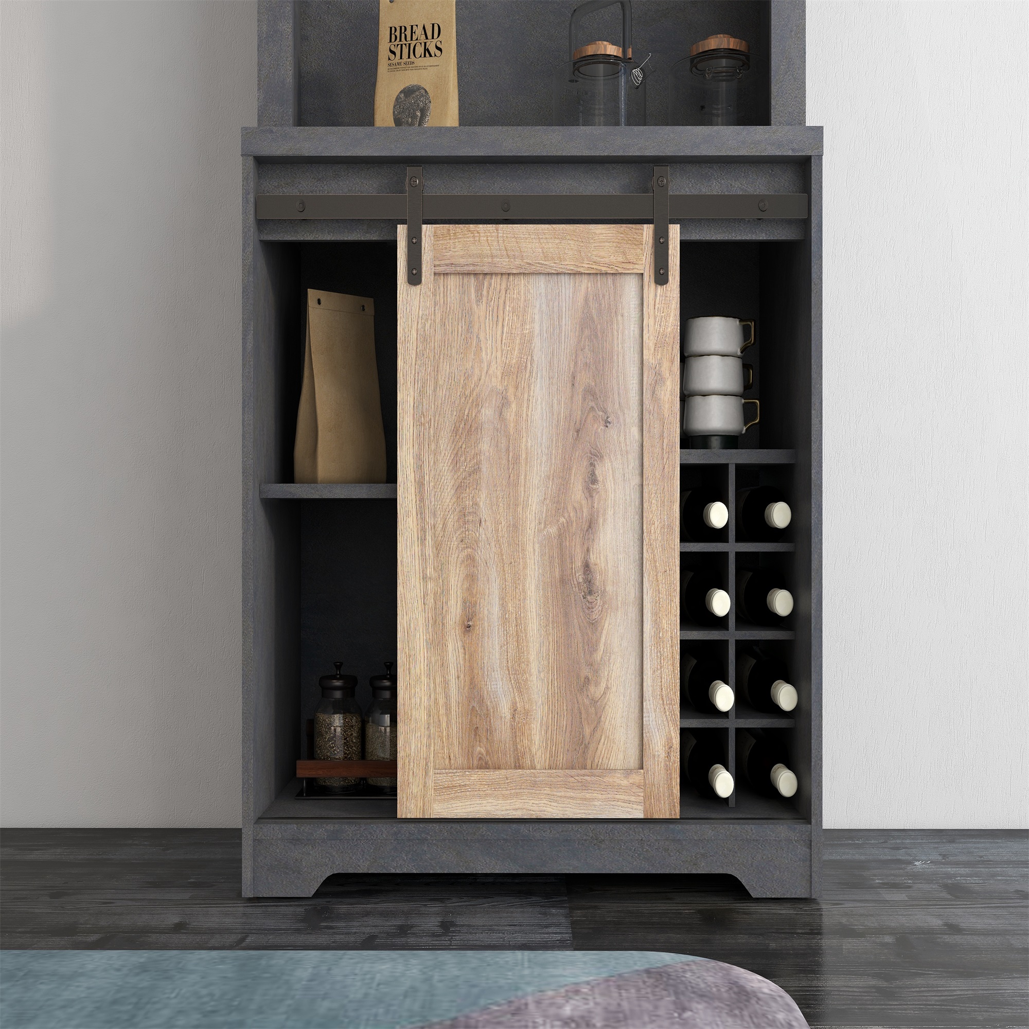 Spaco 31" Farmhouse Barn Door Bar Cabinet For Living Room, Rustic Finish