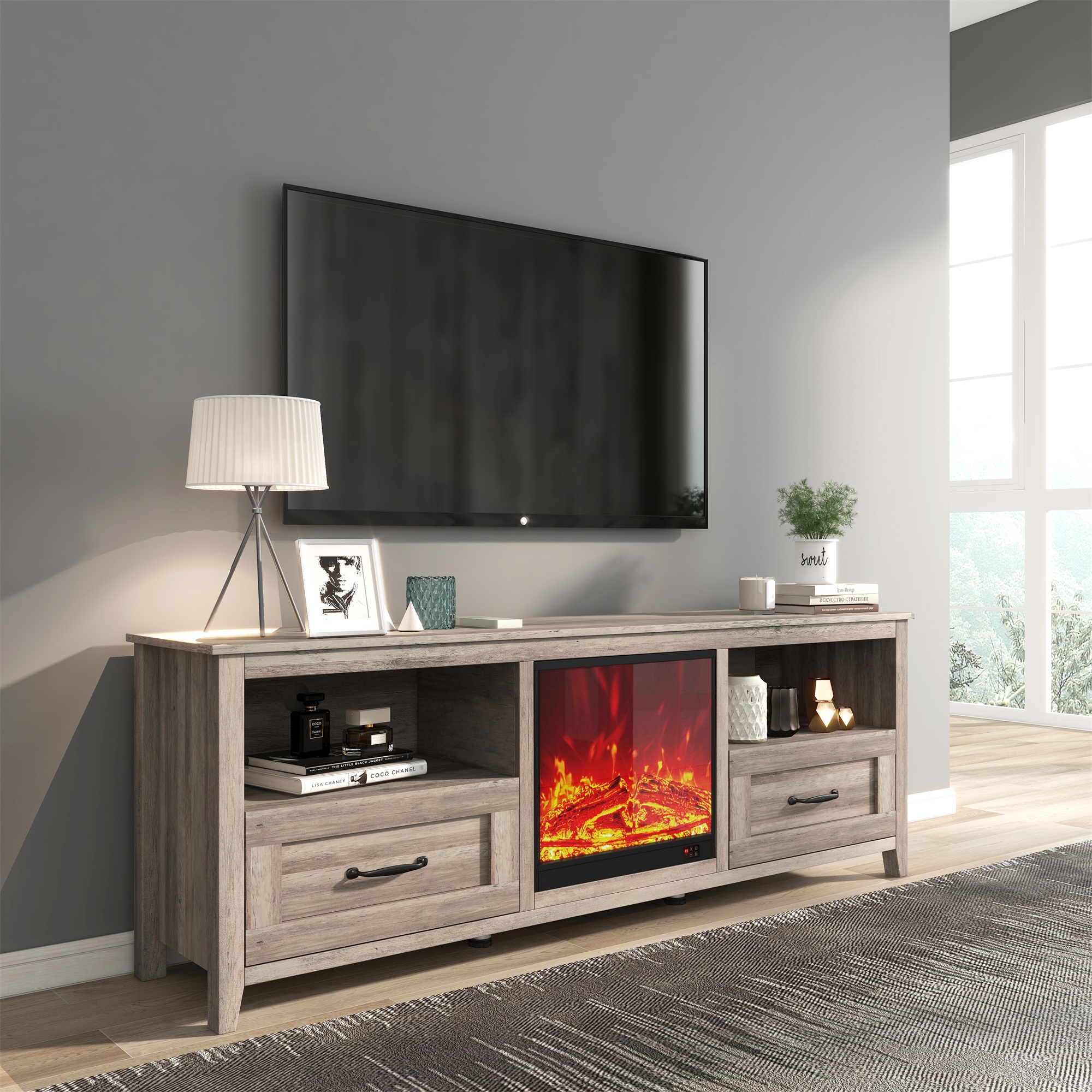 Spaco 19" Built-in Electric Fireplace with Adjustable Flame Brightness & Remote Control, Antique Black