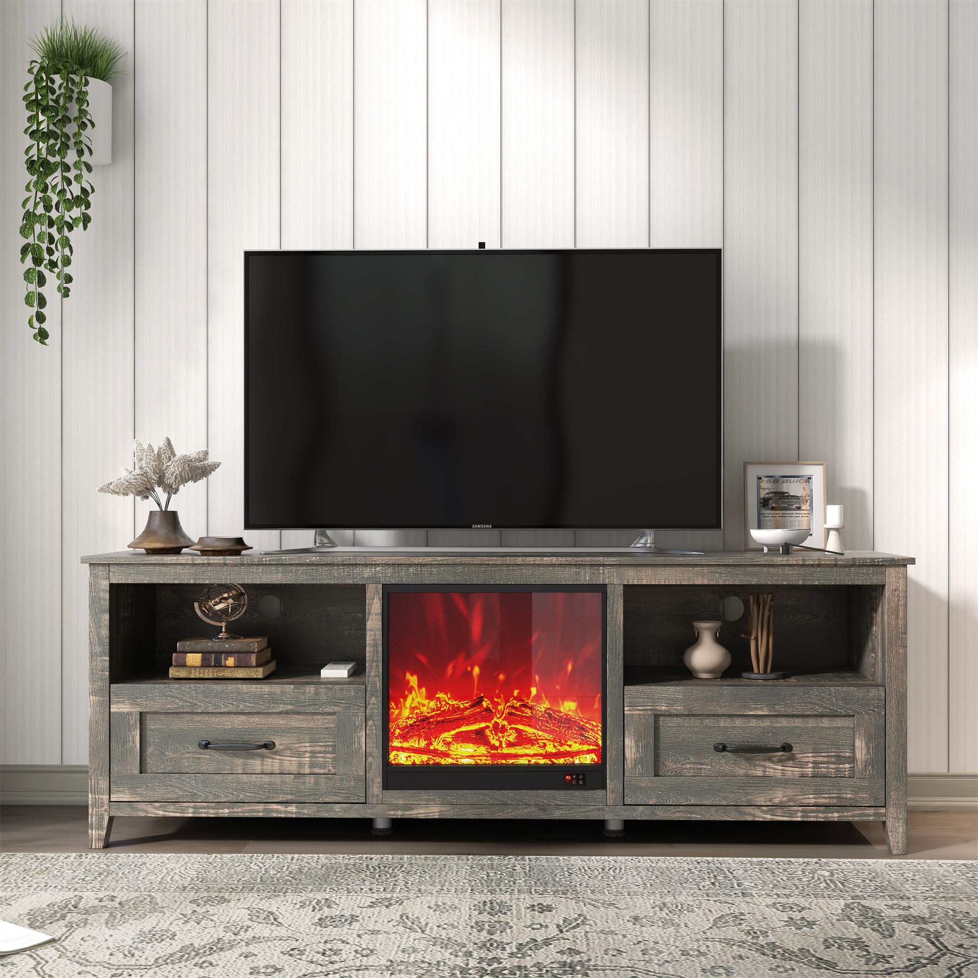 Spaco 19" Built-in Electric Fireplace with Adjustable Flame Brightness & Remote Control, Antique Black