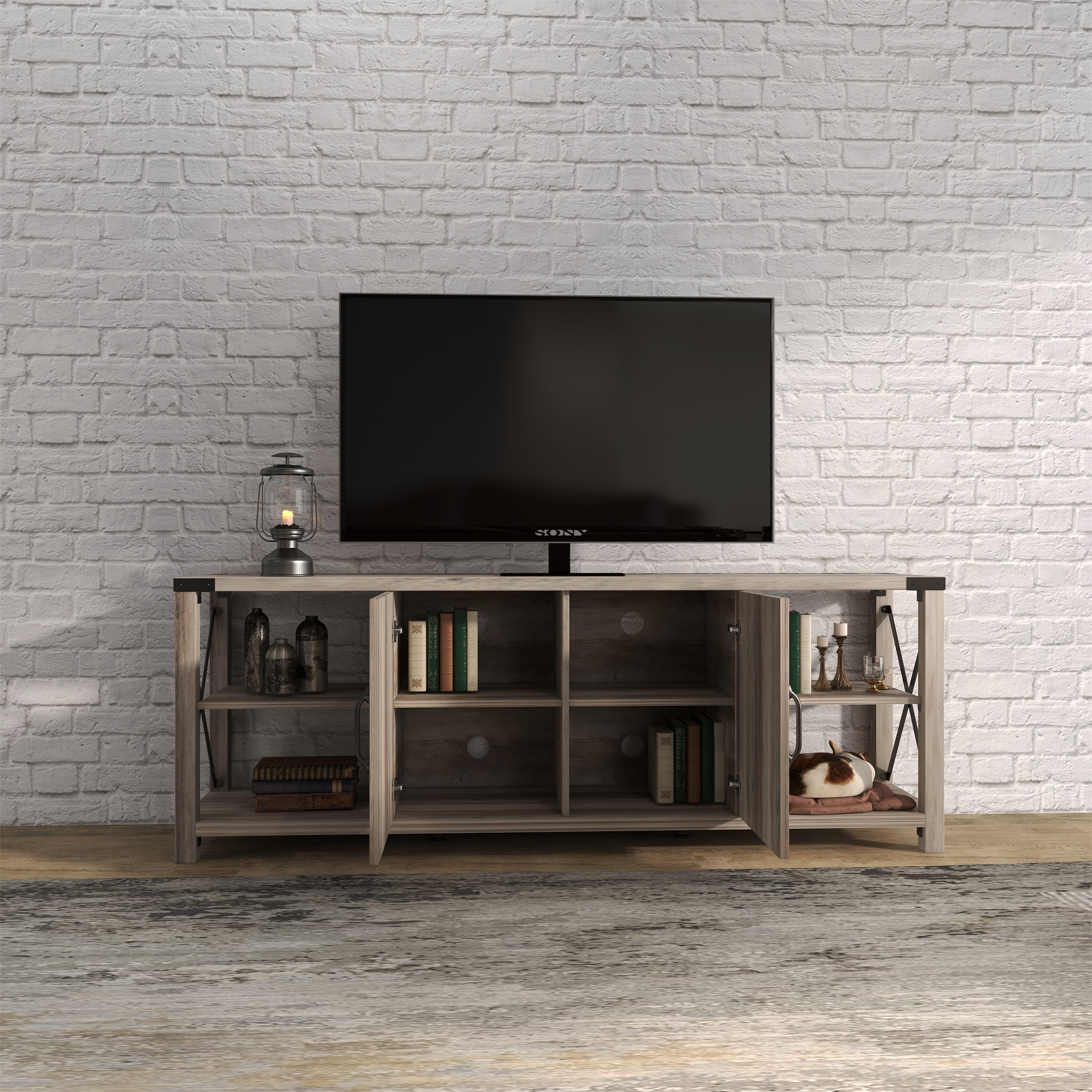 Kadyn TV Stand, Modern Entertainment Center for TVs up to 76", TV Console with Storage Cabinets and Shelves, Antique Grey White