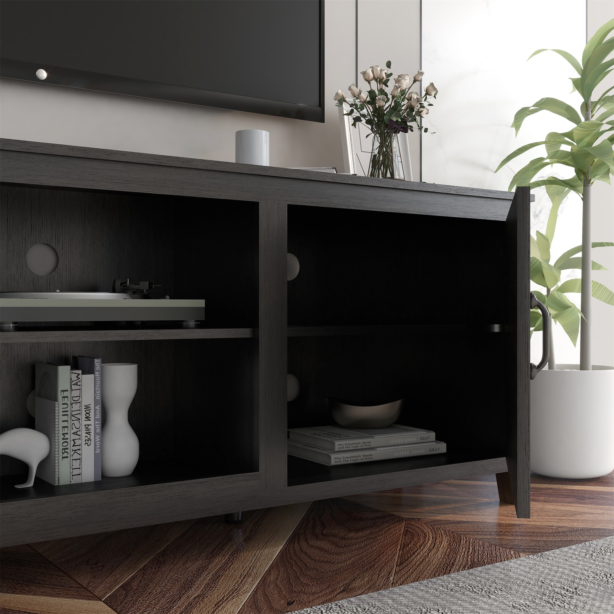 Kepooman TV Stand Console, TV Entertainment Center with Doors for TVs up to 77", Black Kepooman TV Stand Console, TV Entertainment Center with Doors for TVs up to 77", Black