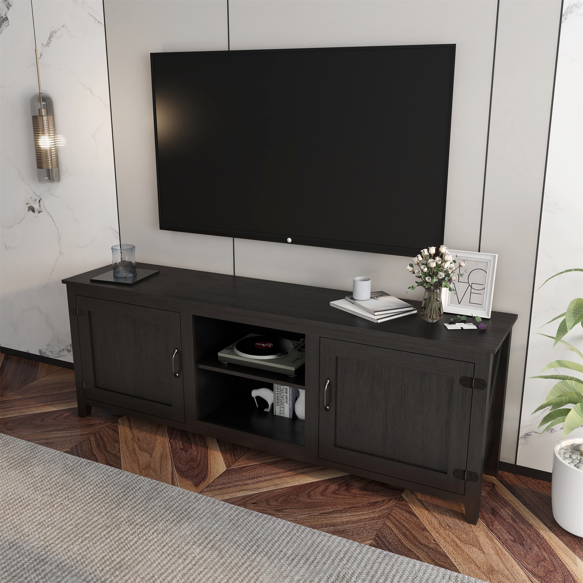 Kepooman TV Stand Console, TV Entertainment Center with Doors for TVs up to 77", Black Kepooman TV Stand Console, TV Entertainment Center with Doors for TVs up to 77", Black