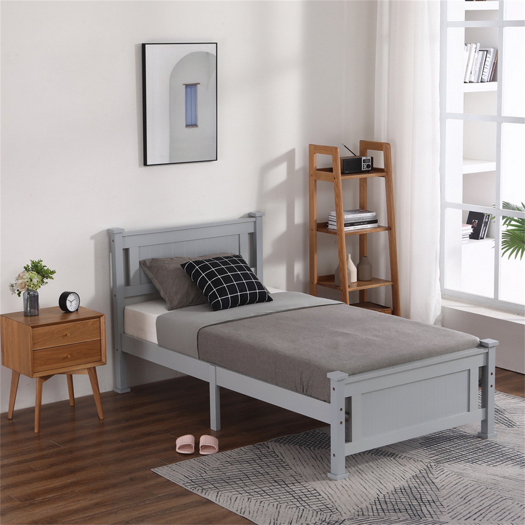 Spaco Twin Bed Frame with Headboard Vertical Decorative Core Bed for Kids Adults, Grey