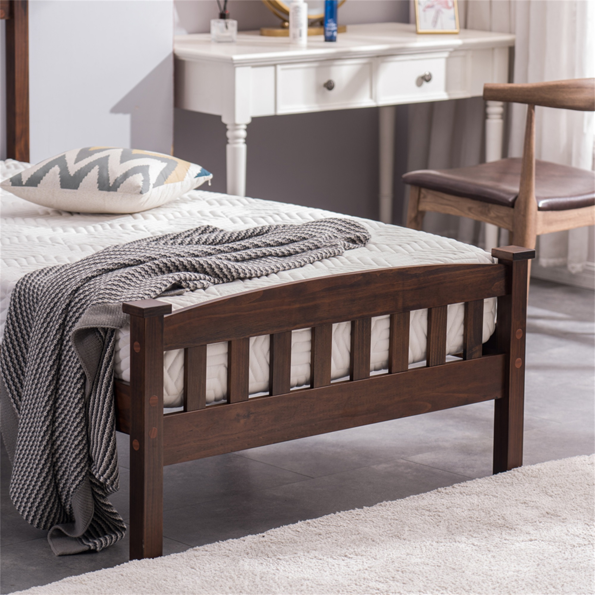 Spaco Twin Bed Frame with Headboard Wood Platform Bed for Kids Adults, Walnut