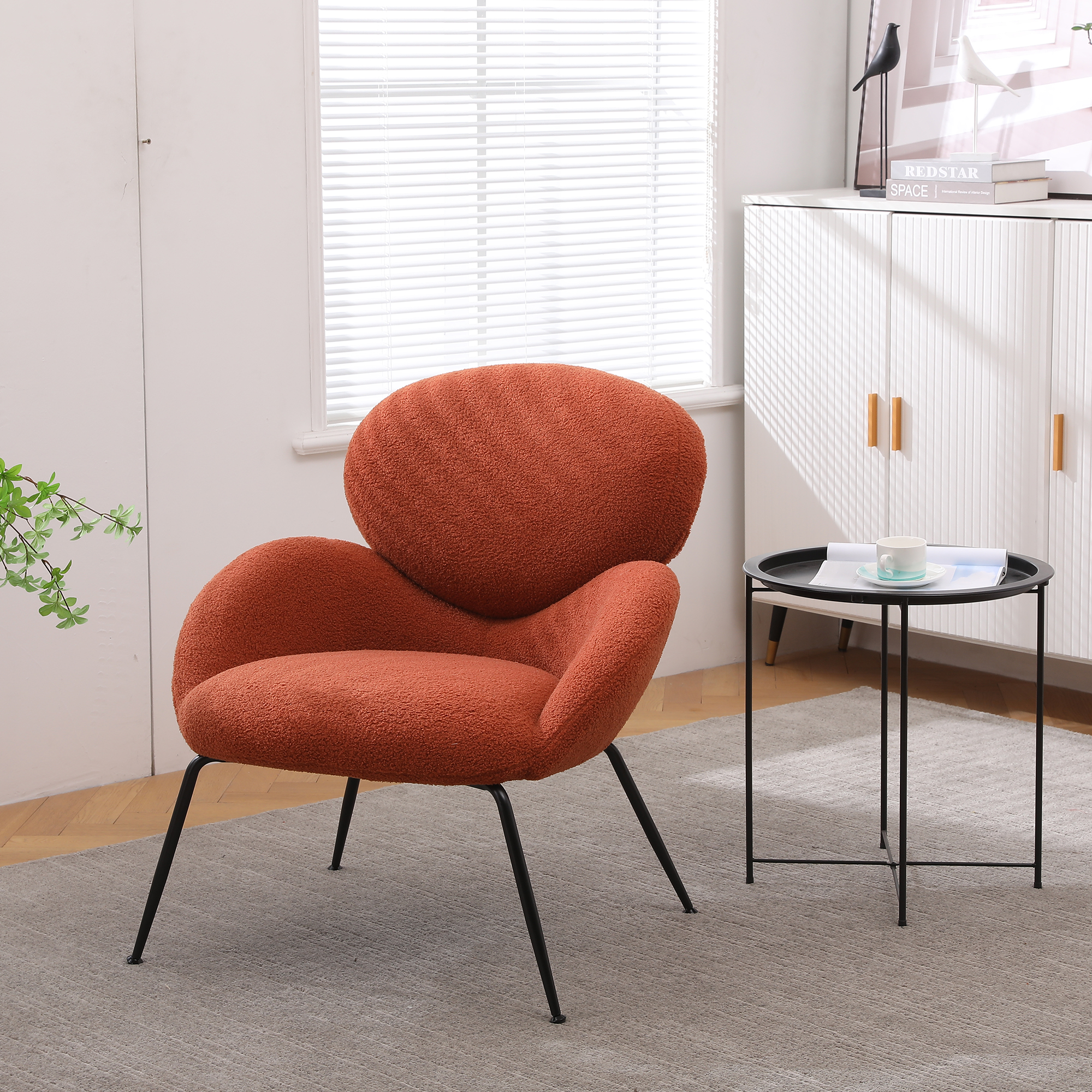 Kadyn Modern Sherpa Armchair with Black Metal Legs, Comfy and Soft Chairs for Bedroom, Orange