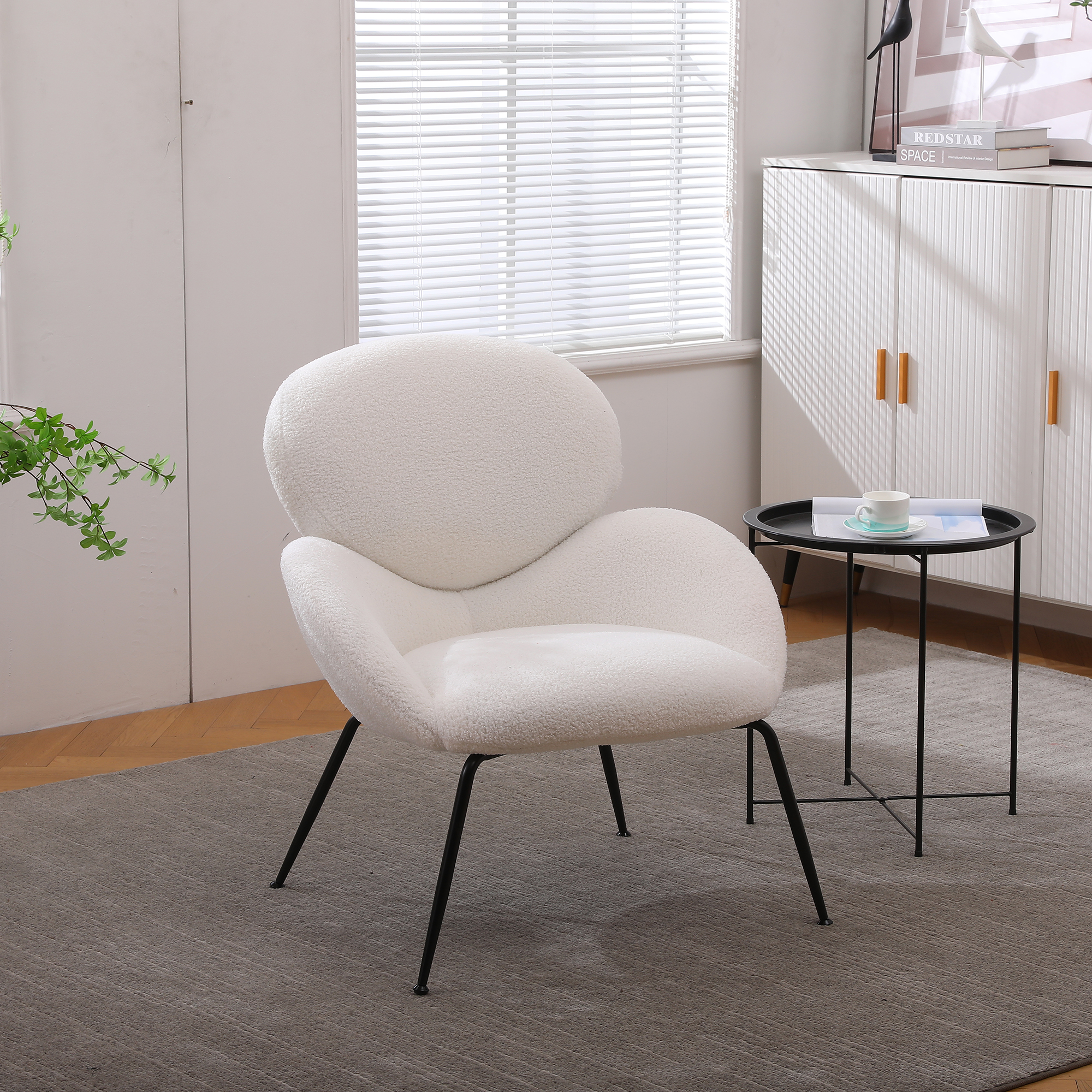 Kadyn Modern Sherpa Armchair with Black Metal Legs, Comfy and Soft Chairs for Bedroom, Ivory