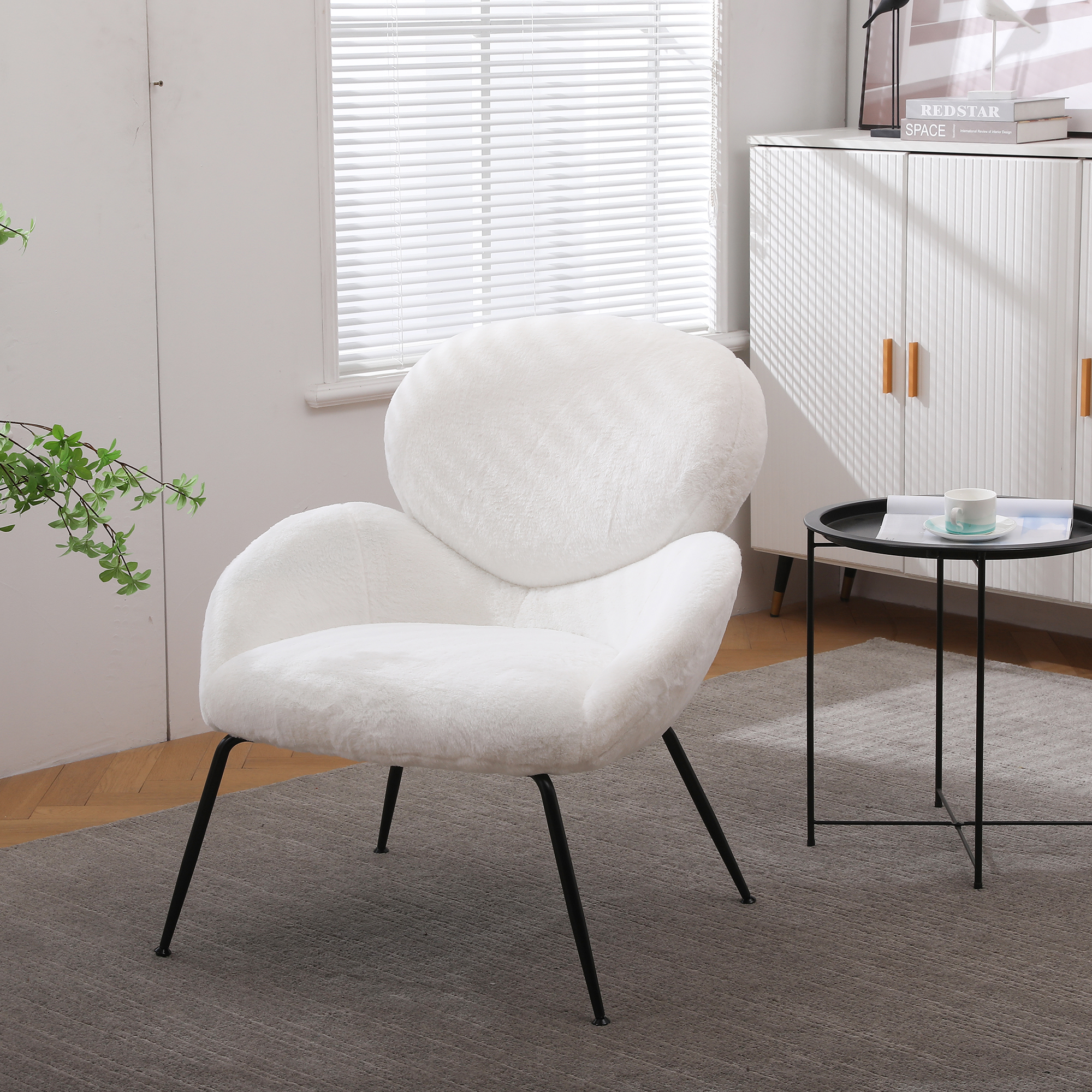 Kadyn Modern Sherpa Armchair with Black Metal Legs, Comfy and Soft Chairs for Bedroom, White