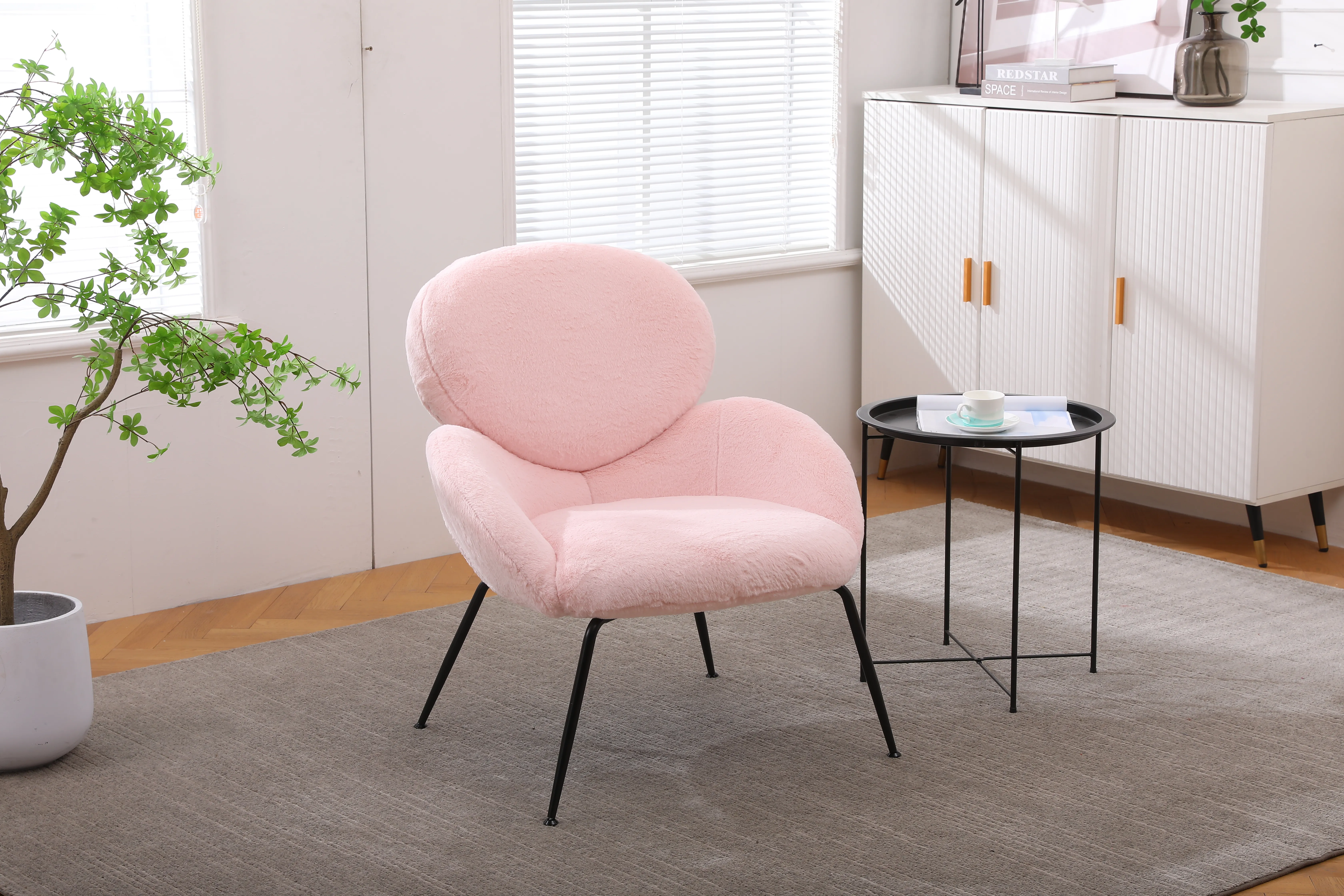 Kadyn Modern Sherpa Armchair with Black Metal Legs, Comfy and Soft Chairs for Bedroom, Pink