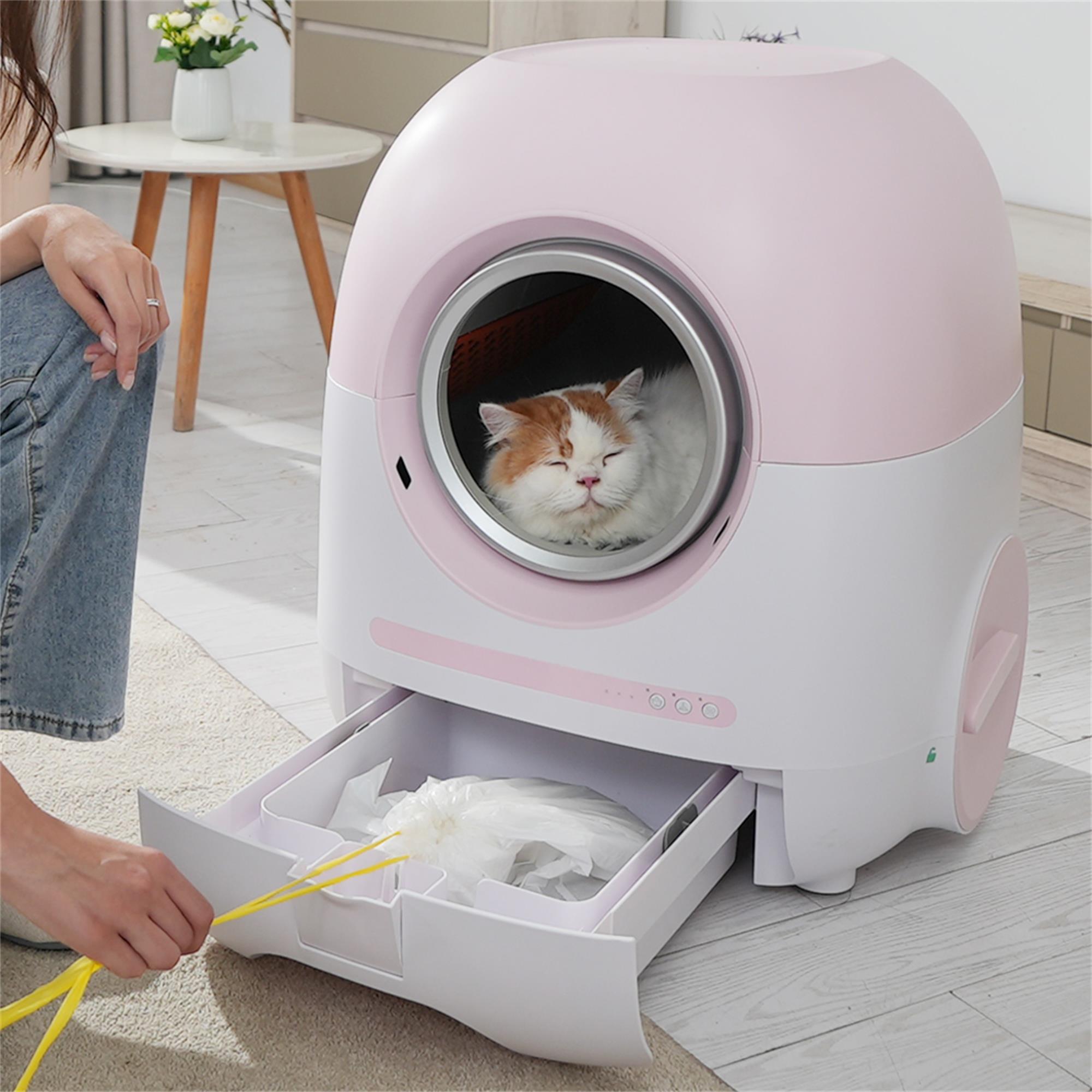 Pefilos 80L Self Cleaning Cat Litter Box, Automatic with Mat and Liner, Smart Cat Litter Cleaning Robot for Multi Cats, Support 5G/Anti-Pinch, Pink
