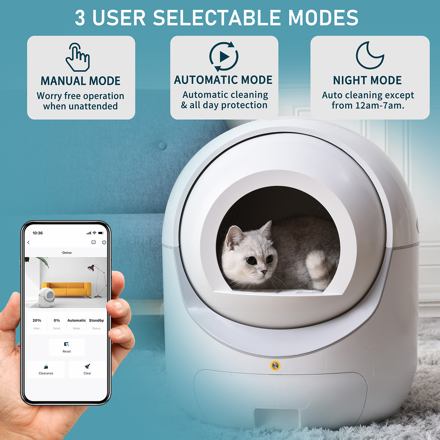 Kepooman Upgraded Hmi System, Self-Cleaning Litter Box for Multiple Cats, Automatic Dumping, Suitable for All Kinds of Cat Litter, Safe, Deodorizing, App Control, Support 2.4g Wifi, White Kepooman Upgraded Hmi System, Self-Cleaning Litter Box for Multiple Cats, Automatic Dumping, Suitable for All Kinds of Cat Litter, Safe, Deodorizing, App Control, Support 2.4g Wifi, White