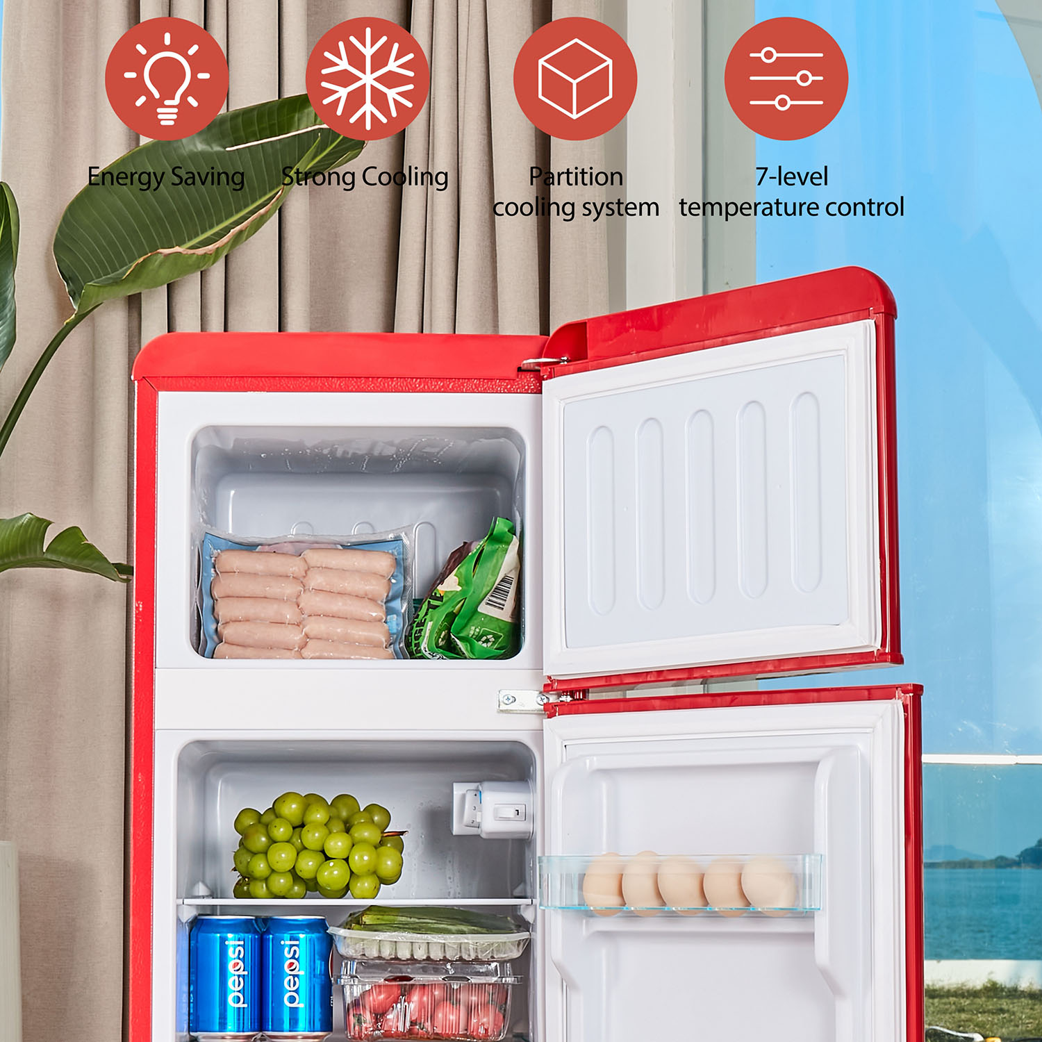 Spaco 4.5 cu. ft. Dual Zone Refrigerator, 3.3 Fridge + 1.2 cu. ft. 4-Star Freezer, 7 Temperature Settings, 45 dB, LED Lighting, Red