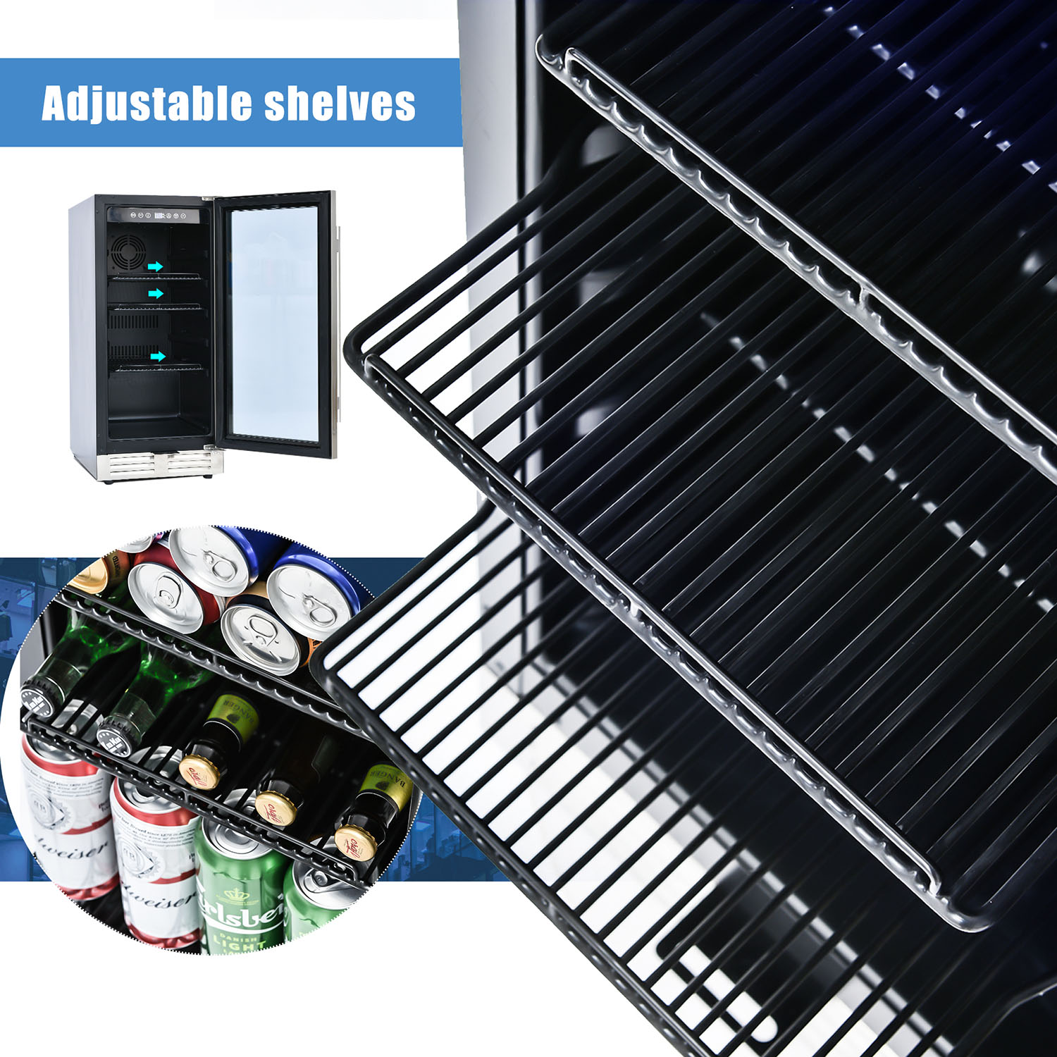 Kepooman Built-in and Freestanding 15" Mini Beverage Refrigerator/Wine Cabinet for Bar, 120 Cans, Adjustable Shelves, Double Glass Door, Black and Silver Kepooman Built-in and Freestanding 15" Mini Beverage Refrigerator/Wine Cabinet for Bar, 120 Cans, Adjustable Shelves, Double Glass Door, Black and Silver