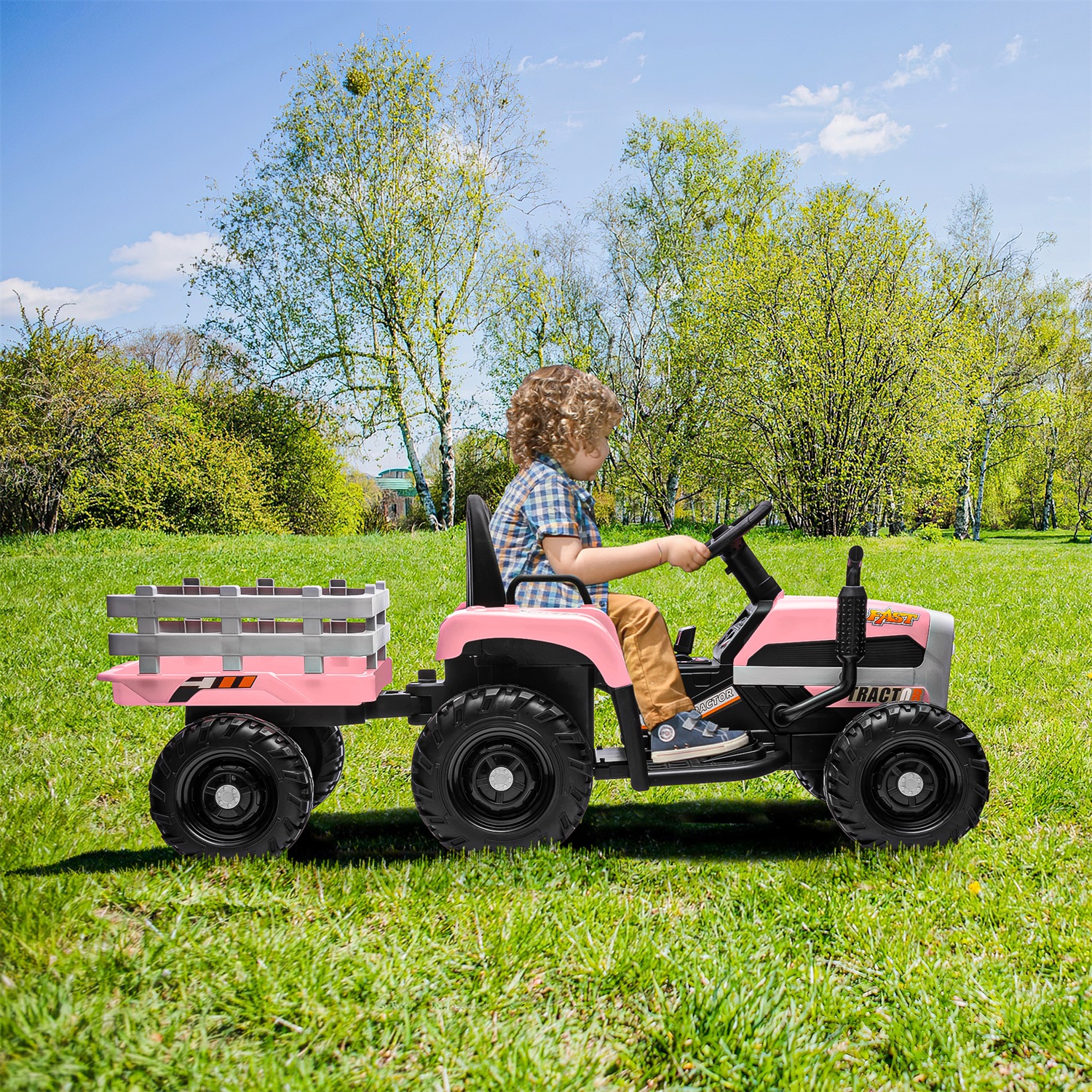 CIPACHO 12V Battery-Powered Kids Toy Tractor with Trailer and 3-Gear-Shift Ground Loader Ride On with USB&Bluetooth, Pink