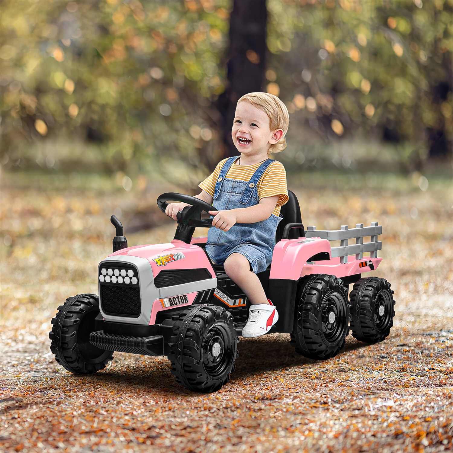 CIPACHO 12V Battery-Powered Kids Toy Tractor with Trailer and 3-Gear-Shift Ground Loader Ride On with USB&Bluetooth, Pink