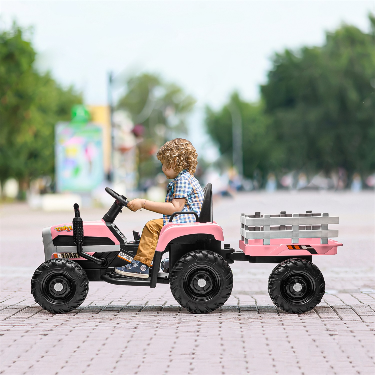 CIPACHO 12V Battery-Powered Kids Toy Tractor with Trailer and 3-Gear-Shift Ground Loader Ride On with USB&Bluetooth, Pink