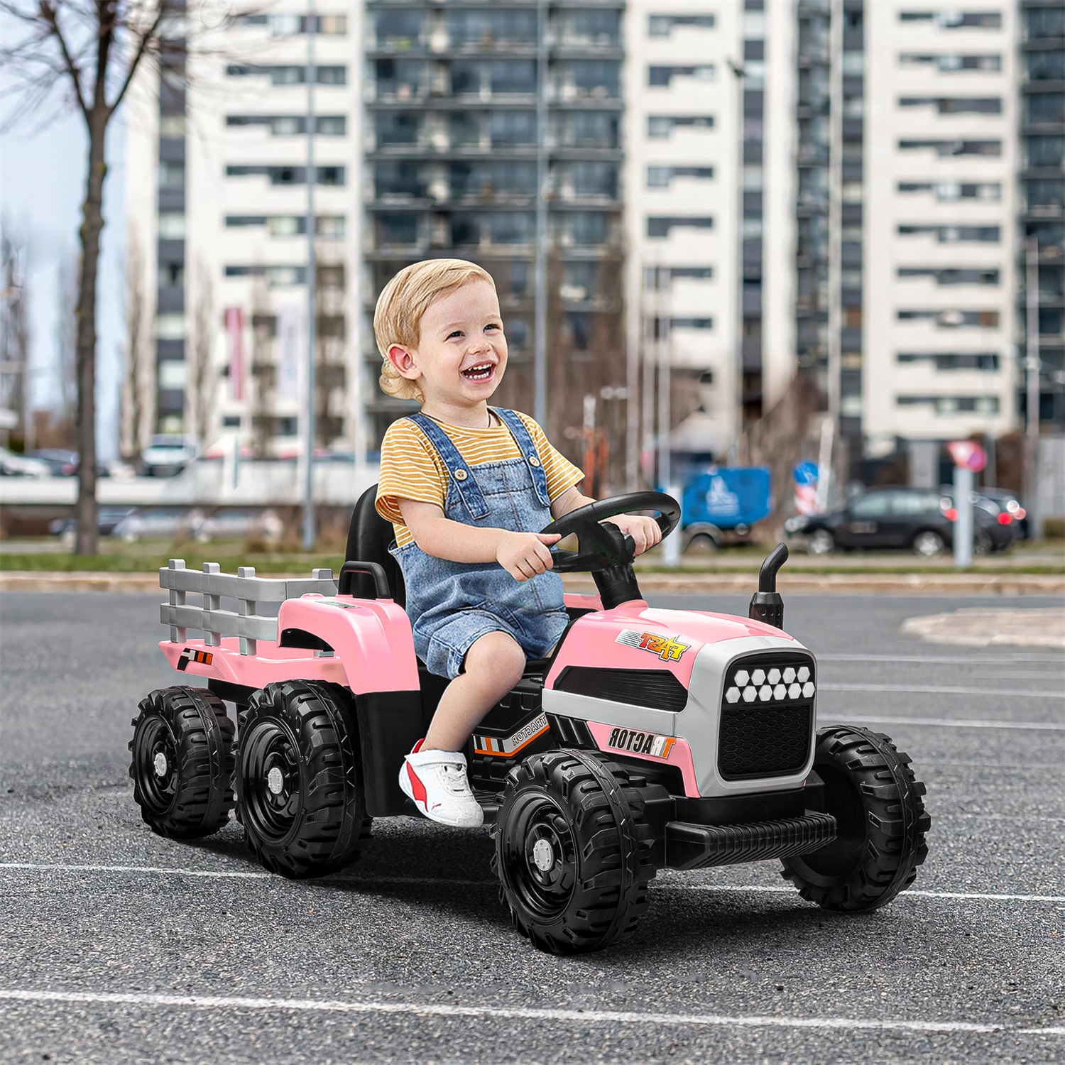 CIPACHO 12V Battery-Powered Kids Toy Tractor with Trailer and 3-Gear-Shift Ground Loader Ride On with USB&Bluetooth, Pink