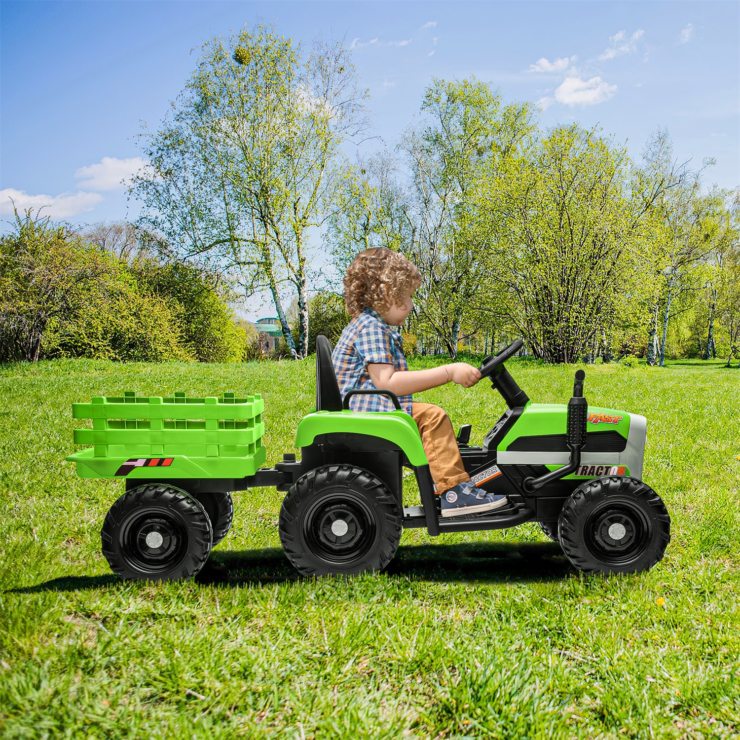 CIPACHO 12V Battery-Powered Kids Toy Tractor with Trailer and 3-Gear-Shift Ground Loader Ride On with USB&Bluetooth, Green