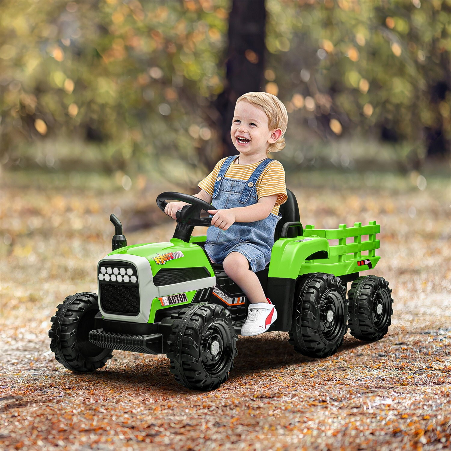 CIPACHO 12V Battery-Powered Kids Toy Tractor with Trailer and 3-Gear-Shift Ground Loader Ride On with USB&Bluetooth, Green