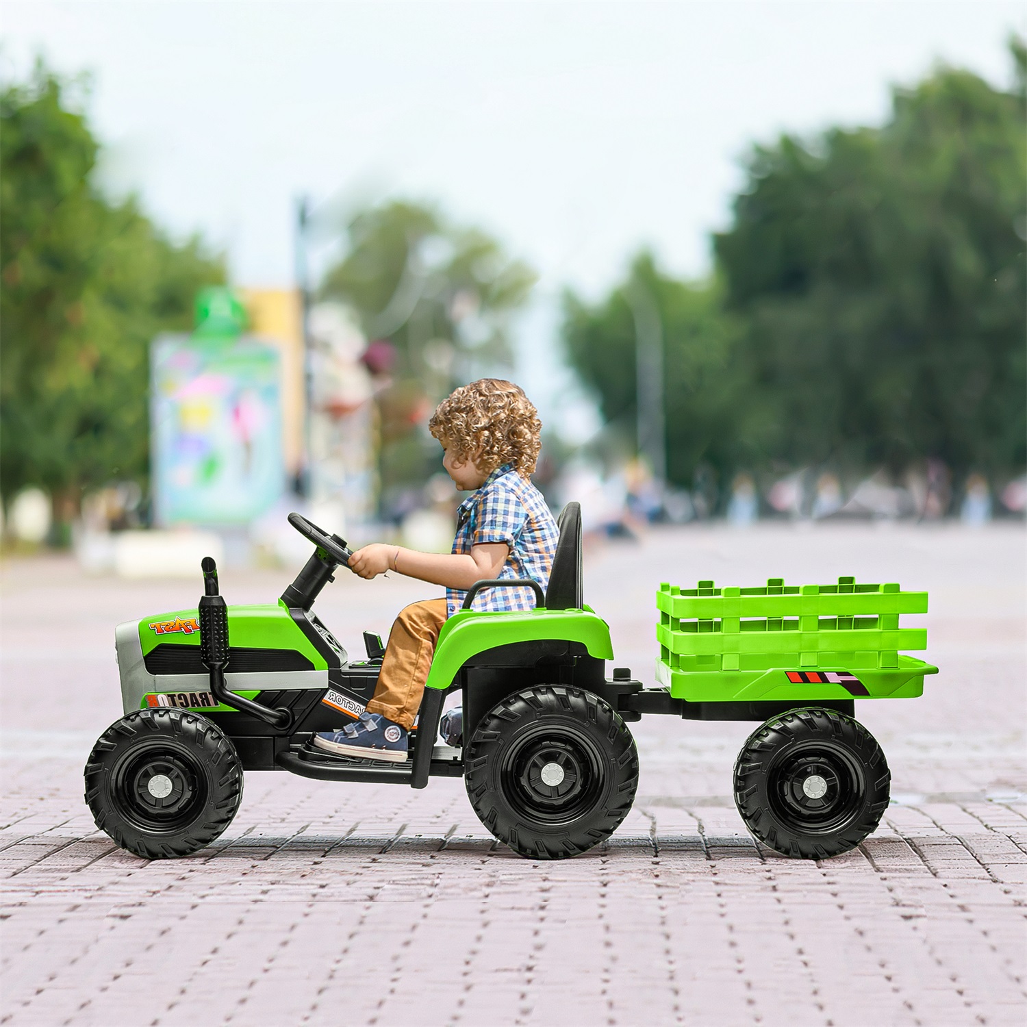 CIPACHO 12V Battery-Powered Kids Toy Tractor with Trailer and 3-Gear-Shift Ground Loader Ride On with USB&Bluetooth, Green