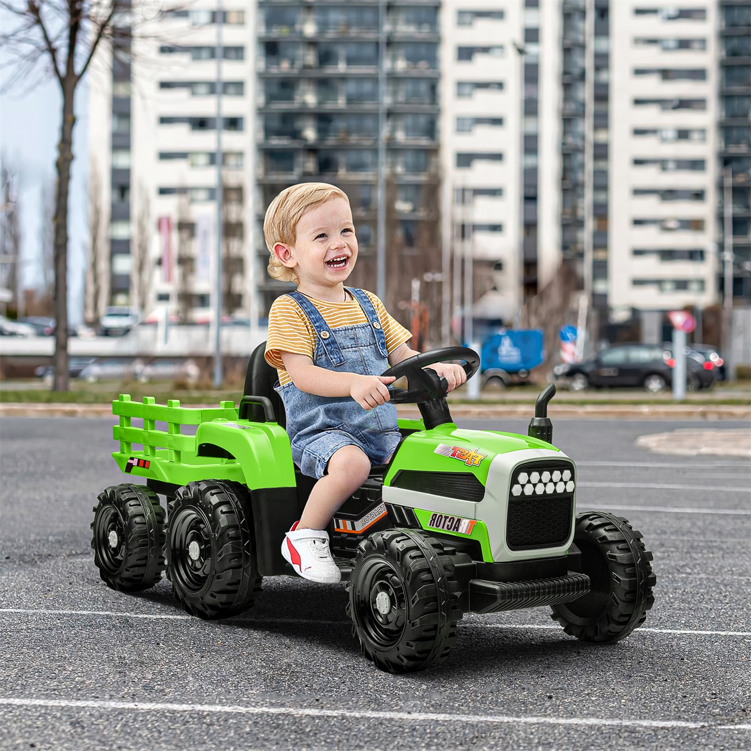 CIPACHO 12V Battery-Powered Kids Toy Tractor with Trailer and 3-Gear-Shift Ground Loader Ride On with USB&Bluetooth, Green