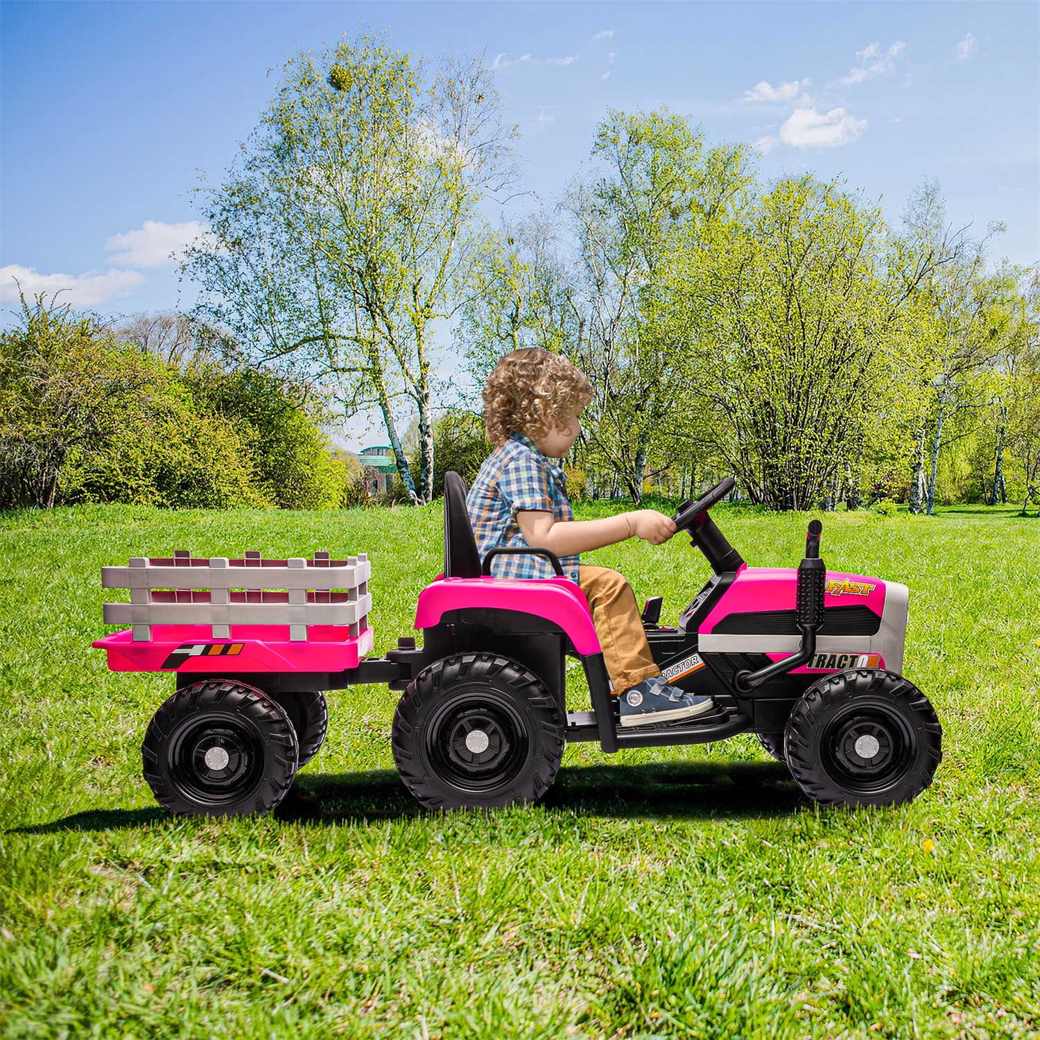 CIPACHO 12V Battery-Powered Kids Toy Tractor with Trailer and 3-Gear-Shift Ground Loader Ride On with USB&Bluetooth, Red