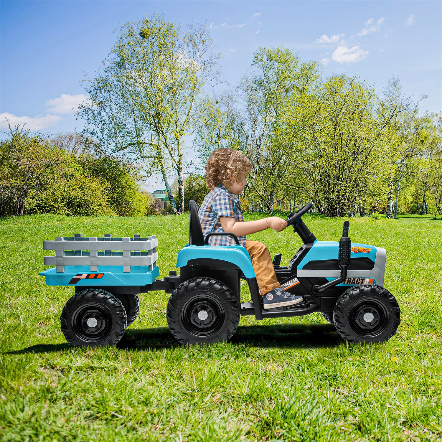 CIPACHO 12V Battery-Powered Kids Toy Tractor with Trailer and 3-Gear-Shift Ground Loader Ride On with USB&Bluetooth, Blue