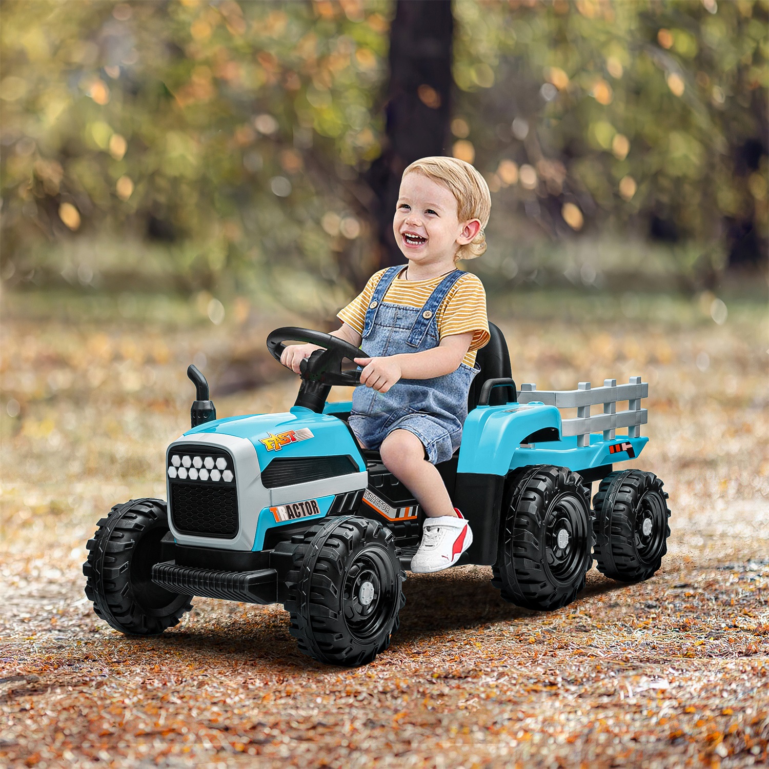 CIPACHO 12V Battery-Powered Kids Toy Tractor with Trailer and 3-Gear-Shift Ground Loader Ride On with USB&Bluetooth, Blue