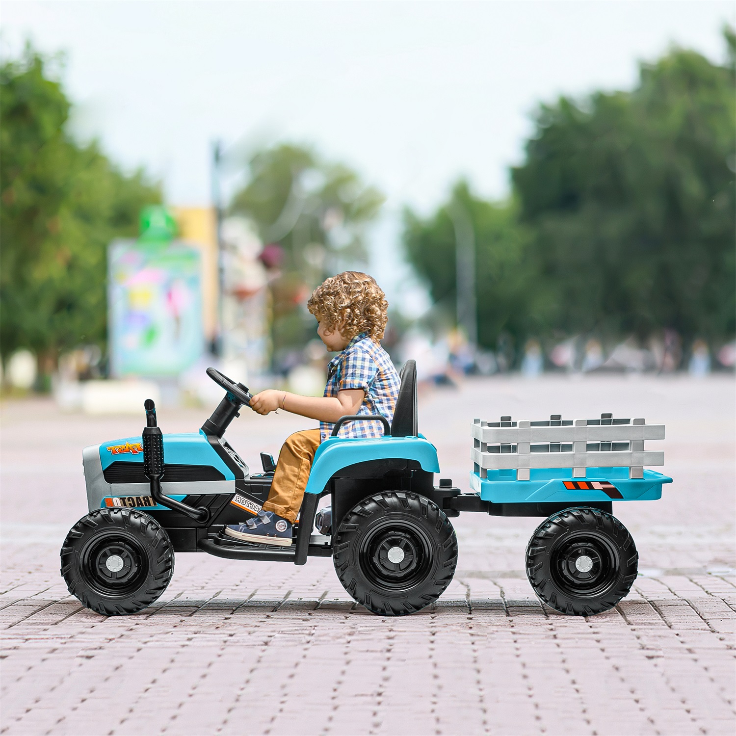 CIPACHO 12V Battery-Powered Kids Toy Tractor with Trailer and 3-Gear-Shift Ground Loader Ride On with USB&Bluetooth, Blue