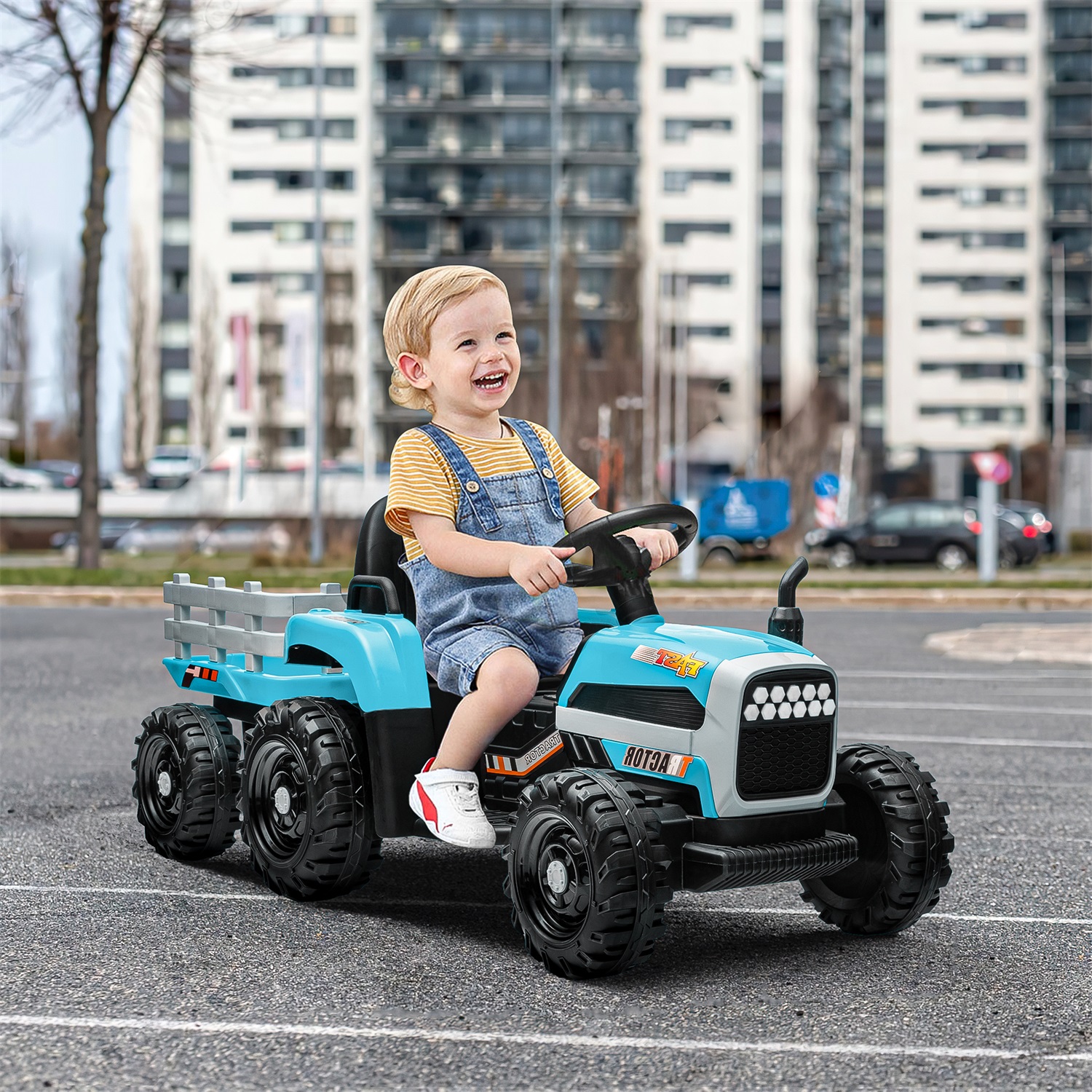 CIPACHO 12V Battery-Powered Kids Toy Tractor with Trailer and 3-Gear-Shift Ground Loader Ride On with USB&Bluetooth, Blue