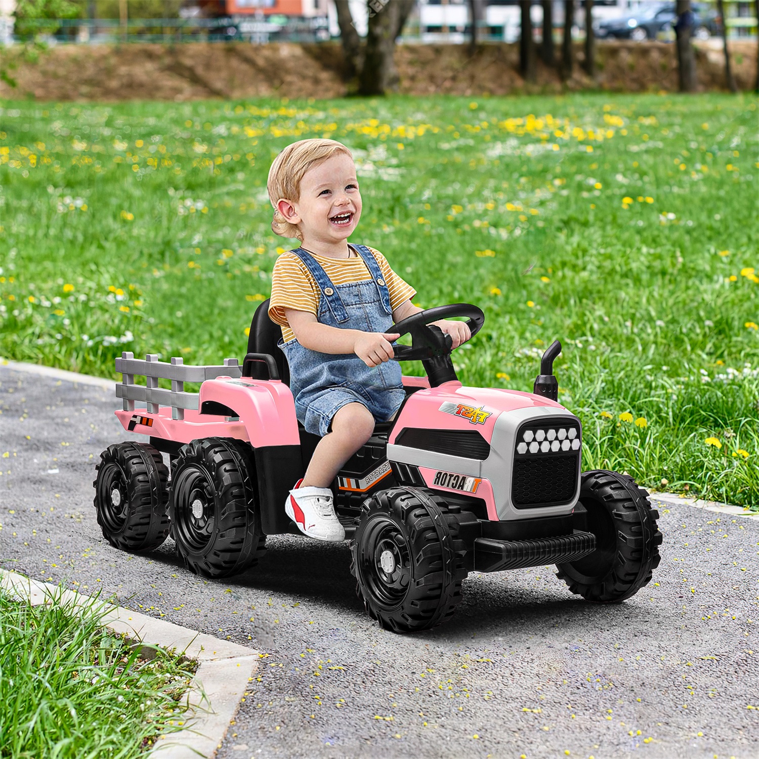 CIPACHO 12V Electric Tractor Toy with Trailer, Ground Loader Ride On for Kids with 3-Gear-Shift, Pink