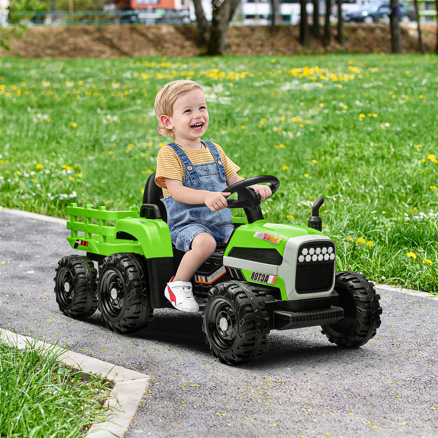 CIPACHO 12V Electric Tractor Toy with Trailer, Ground Loader Ride On for Kids with 3-Gear-Shift, Green