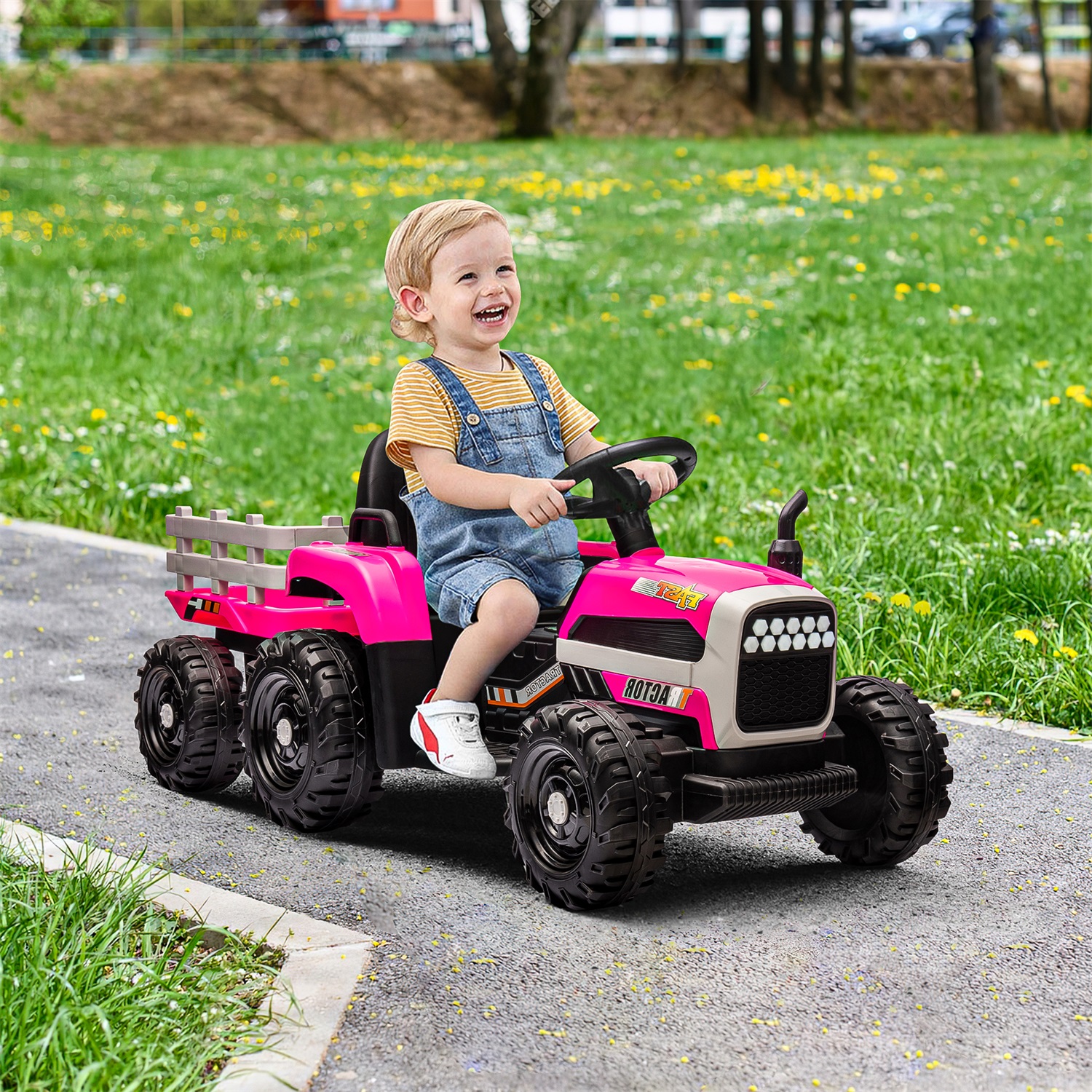 CIPACHO 12V Electric Tractor Toy with Trailer, Ground Loader Ride On for Kids with 3-Gear-Shift, Red