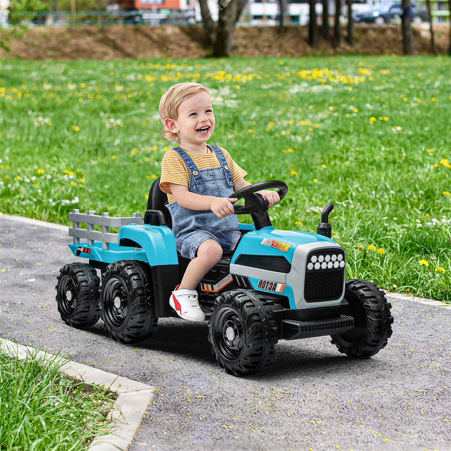 CIPACHO 12V Electric Tractor Toy with Trailer, Ground Loader Ride On for Kids with 3-Gear-Shift, Blue