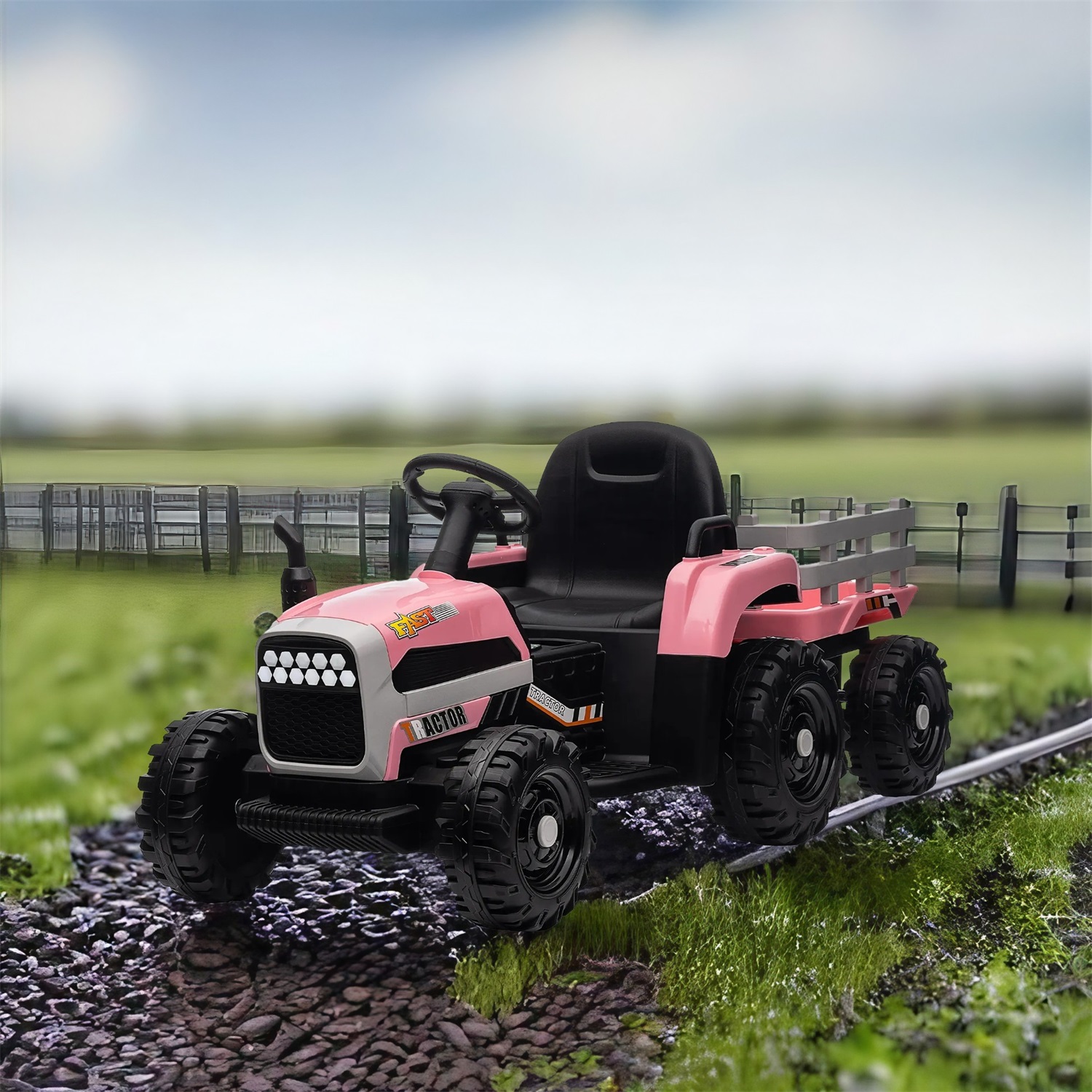 CIPACHO 12V Electric Tractor Toy with Trailer, Ground Loader Ride On for Kids with 3-Gear-Shift, Pink