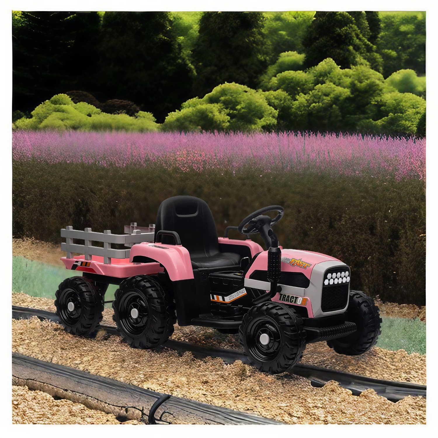 CIPACHO 12V Electric Tractor Toy with Trailer, Ground Loader Ride On for Kids with 3-Gear-Shift, Pink