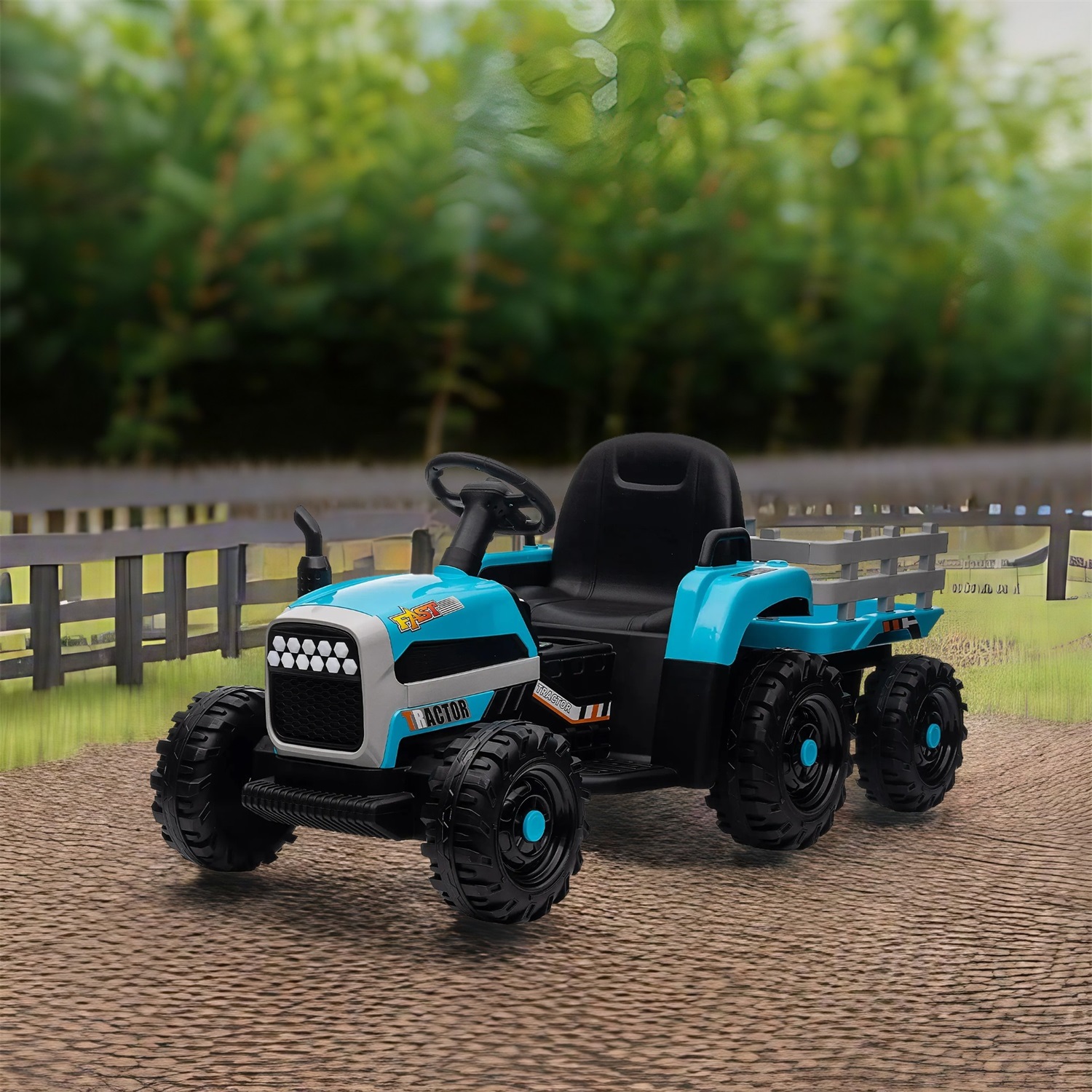 CIPACHO 12V Battery-Powered Kids Toy Tractor with Trailer and 3-Gear-Shift Ground Loader Ride On with USB&Bluetooth, Blue