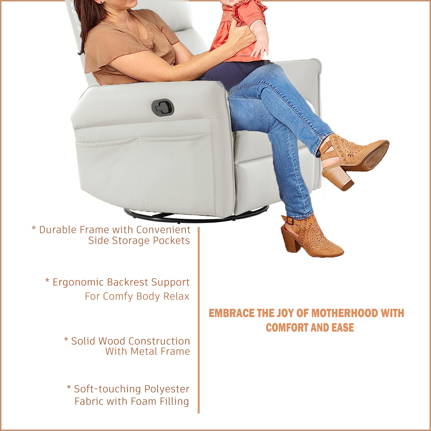 Kadyn Rocking Recliner Chair, 360 Degree Swivel Nursery Rocking Chair, Home Theater Seating with USB Charging Ports for Living Room Bedroom, Light Gray