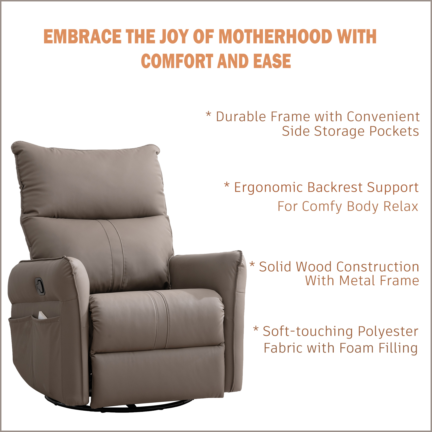Kepooman Rocking Recliner Chair, 360 Degree Swivel Nursery Rocking Chair, Home Theater Seating with USB Charging Ports for Living Room Bedroom, Brown