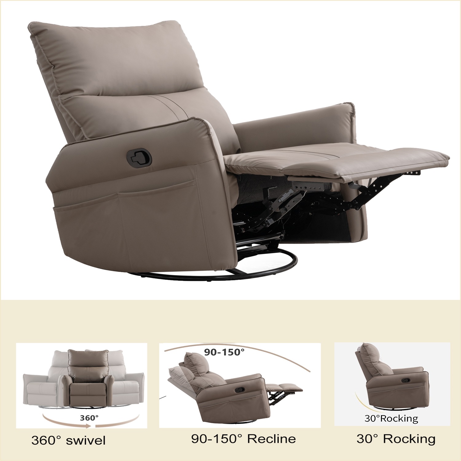 Kepooman Rocking Recliner Chair, 360 Degree Swivel Nursery Rocking Chair, Home Theater Seating with USB Charging Ports for Living Room Bedroom, Brown